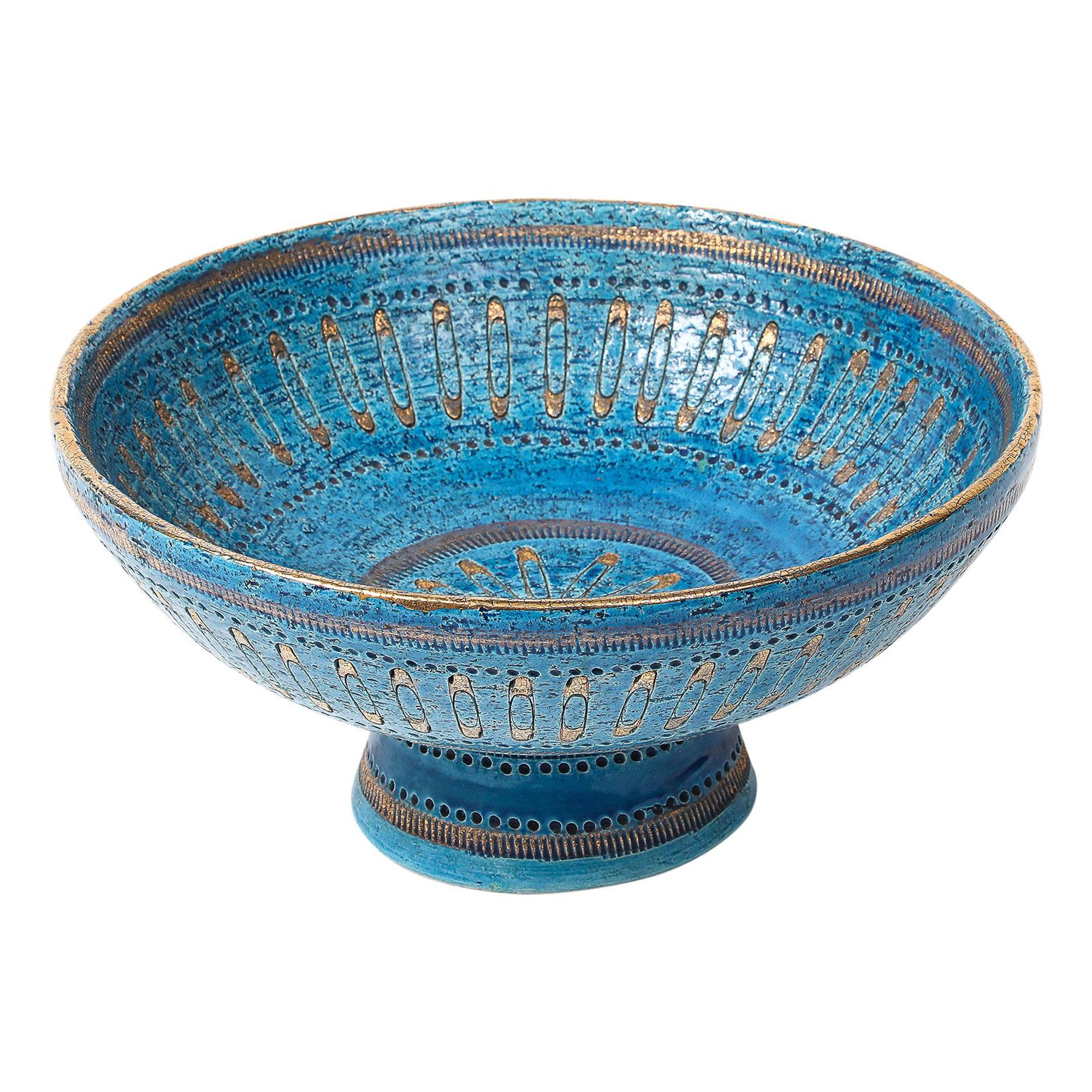 Ciotola con spillo di sicurezza Aldo Londi Bitossi, ceramica, blu, oro, firmata in vendita