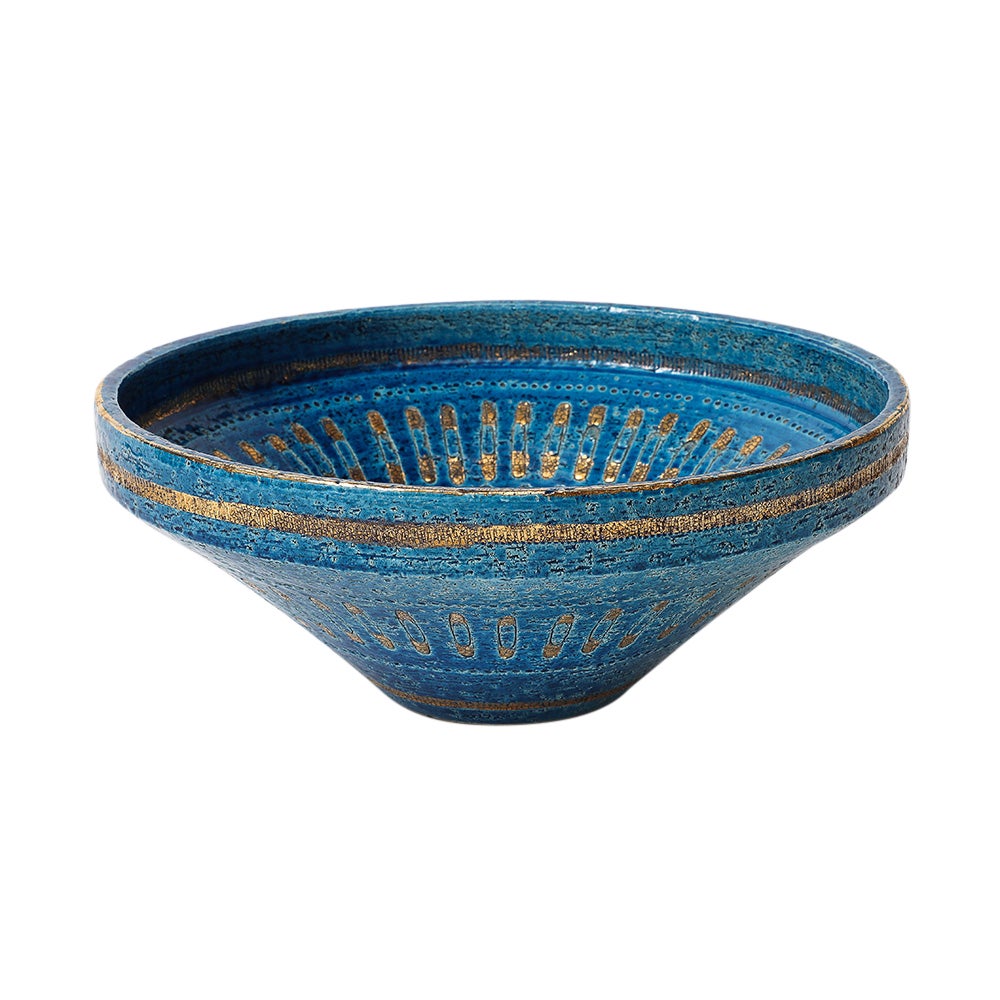 Aldo Londi Bol à épingles de sûreté Bitossi, céramique, bleu, or, signé