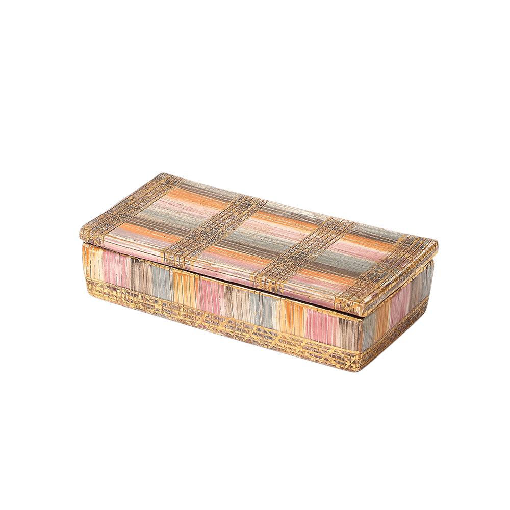Aldo Londi Bitossi Seta Box, Ceramic, Pastel Colors, Signed. Pastel colors: from gold to magenta. The Seta pattern is composed of horizontal glazed bands crossing vertical bands. Purple glazed lid and interior. Signed on underside of the box: 865