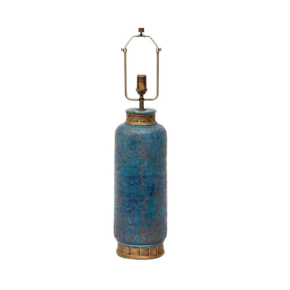 Mid-Century Modern Aldo Londi Lampe de table Bitossi, céramique, bleu, or, chinois, signée en vente