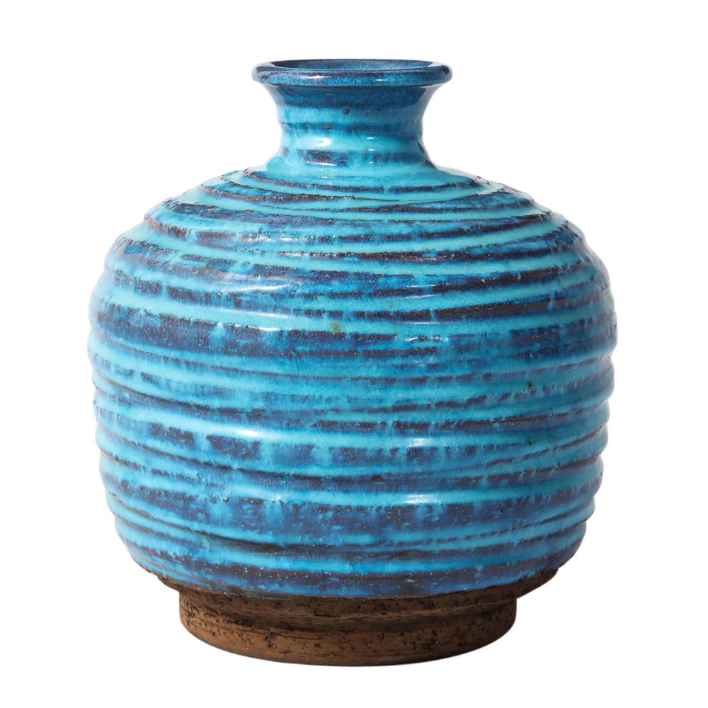 Bitossi für Rosenthal Netter Vase, Keramik, Blau, Brown, gerippt (Moderne der Mitte des Jahrhunderts) im Angebot