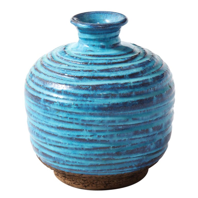 Bitossi for Rosenthal Netter Vase, Ceramic, Blue and Brown, Ribbed For Sale  at 1stDibs