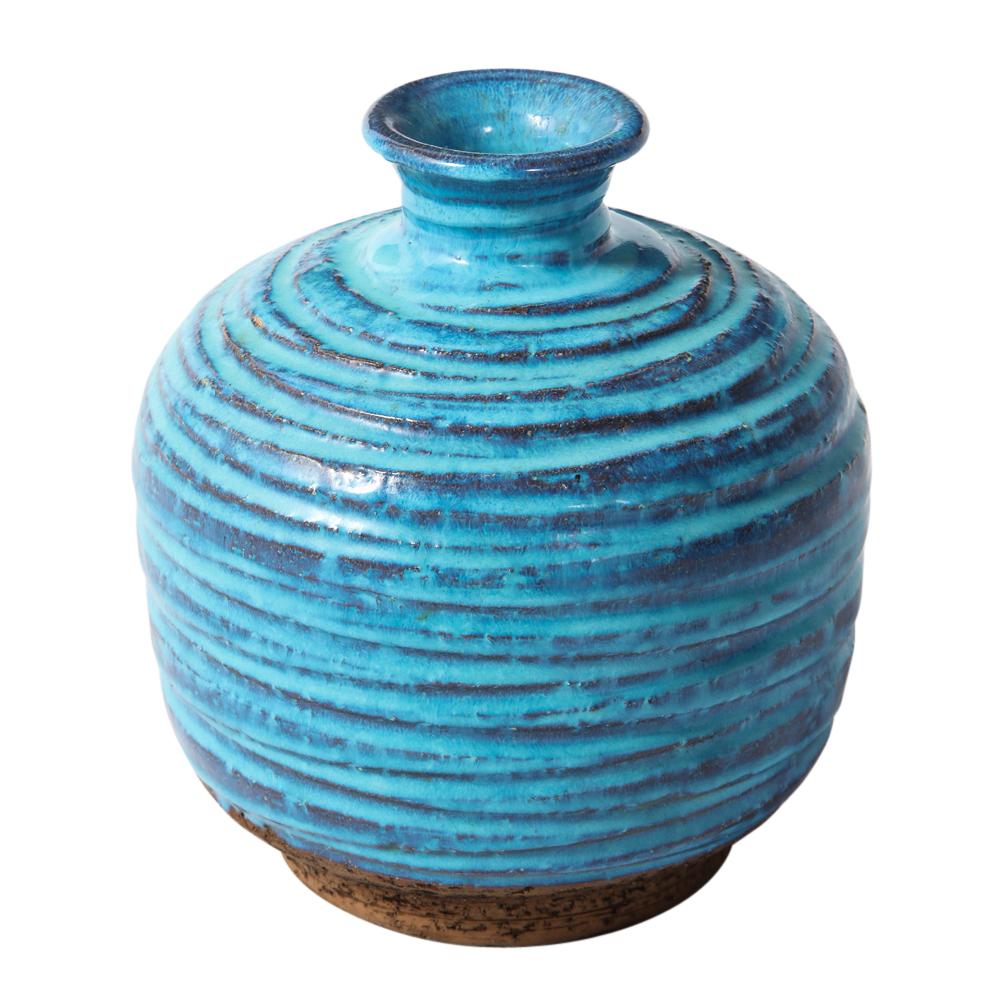 Italian Bitossi for Rosenthal Netter Vase, Ceramic, Blue, Brown, Ribbed For Sale