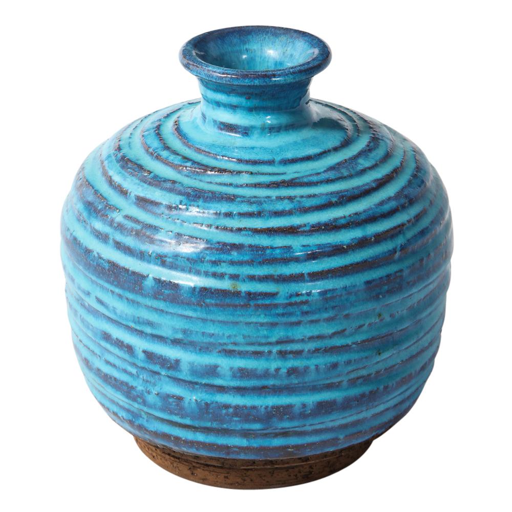 Glazed Bitossi for Rosenthal Netter Vase, Ceramic, Blue, Brown, Ribbed For Sale