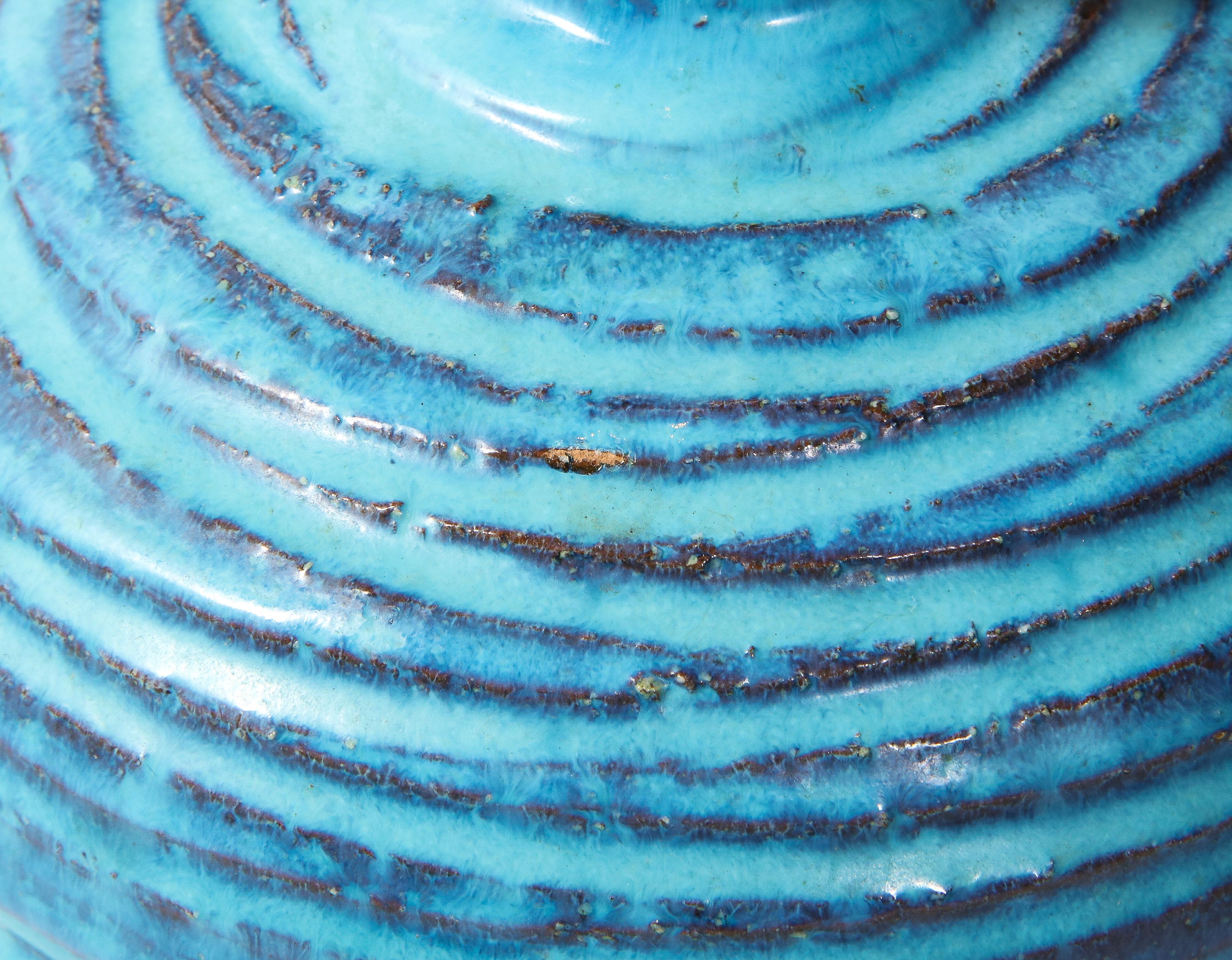 Bitossi for Rosenthal Netter Vase, Ceramic, Blue, Brown, Ribbed In Good Condition For Sale In New York, NY