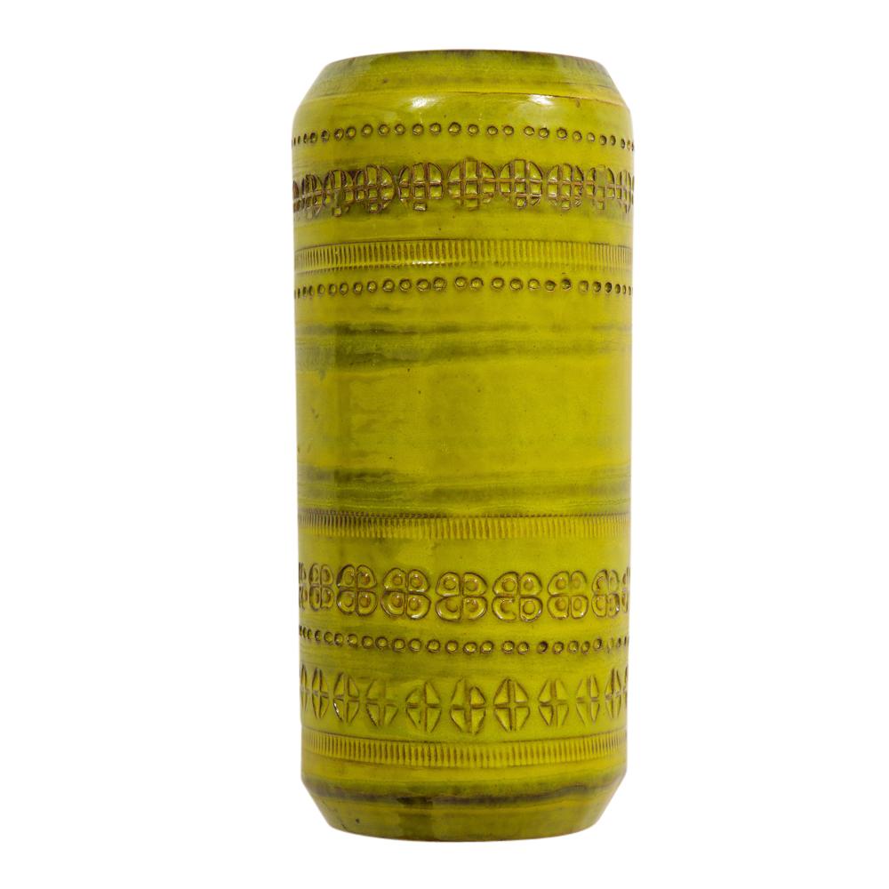 Aldo Londi Bitossi vase, ceramic, chartreuse, impressed, signed. Small to medium scale cylinder vase glazed in chartreuse and decorated with several bands of organic and geometric impressed patterns. Signed on underside: 8685, Italy.