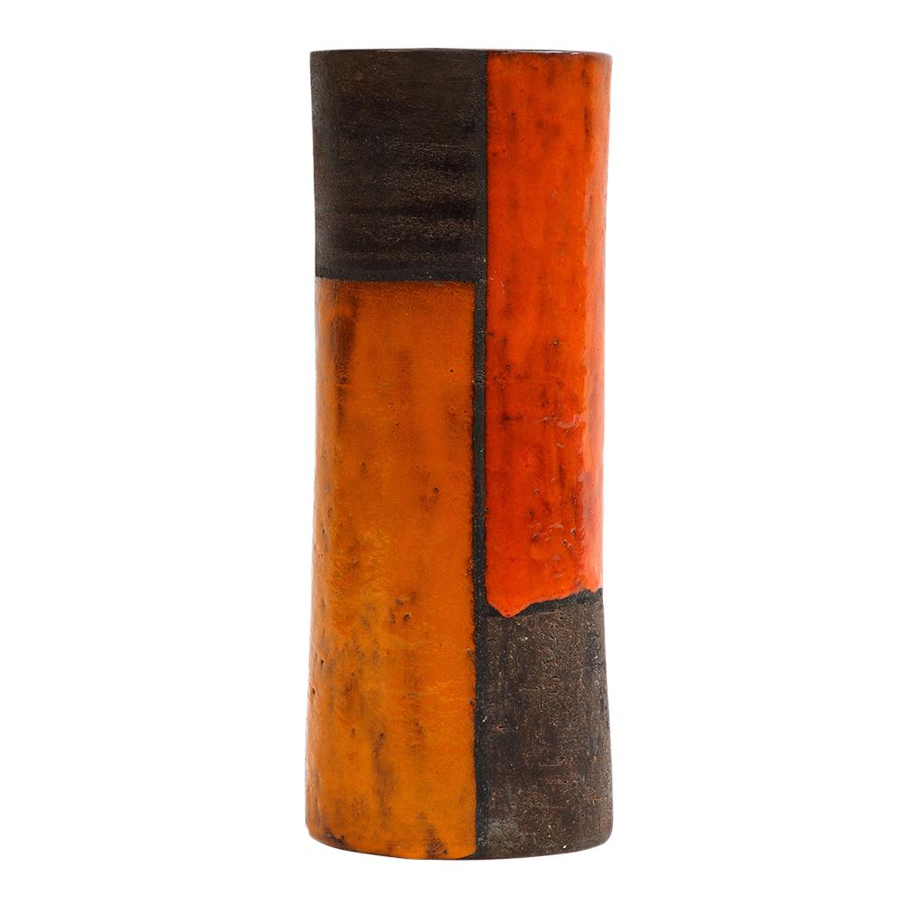 Mid-20th Century Aldo Londi Bitossi Vase, Ceramic Mondrian, Yellow Orange, Brown, Signed For Sale