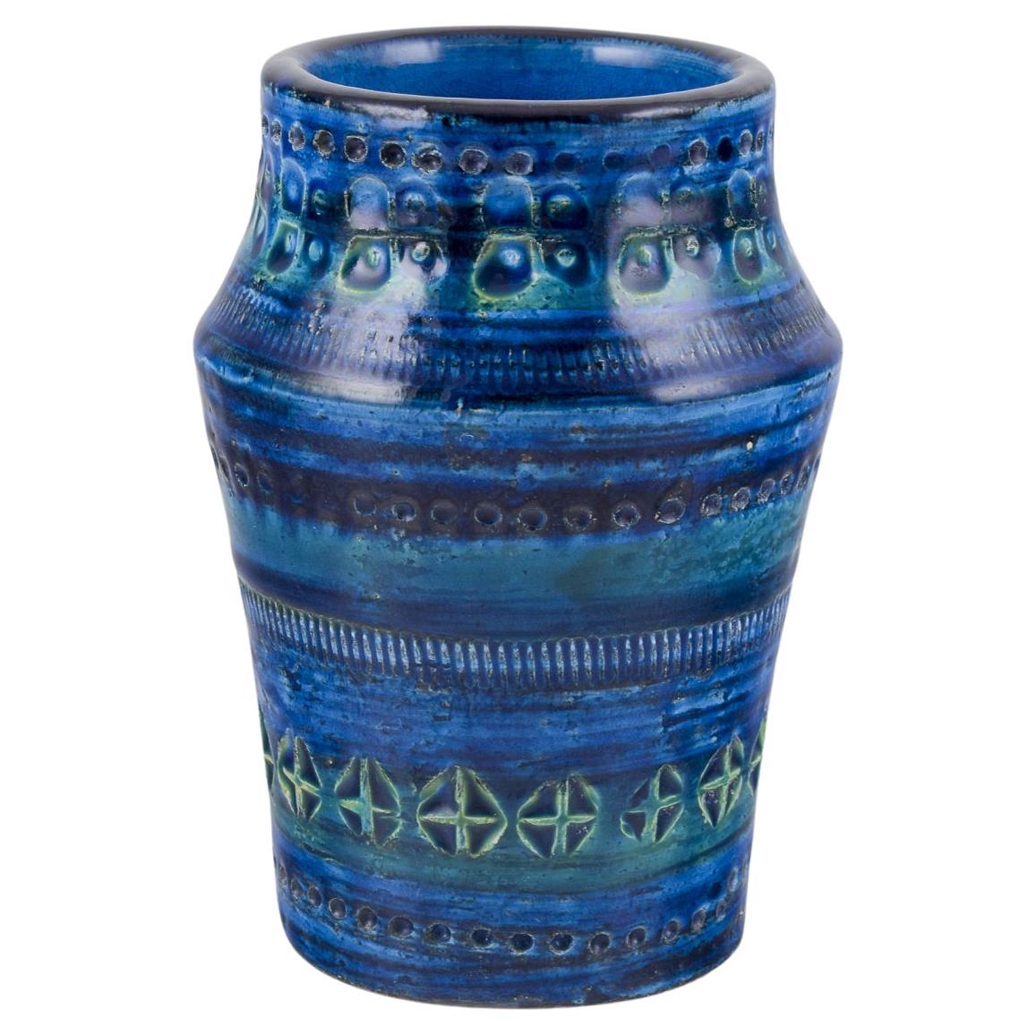 Aldo Londi, Bitossi. Vase en céramique émaillée bleu Rimini avec motif géométrique. en vente