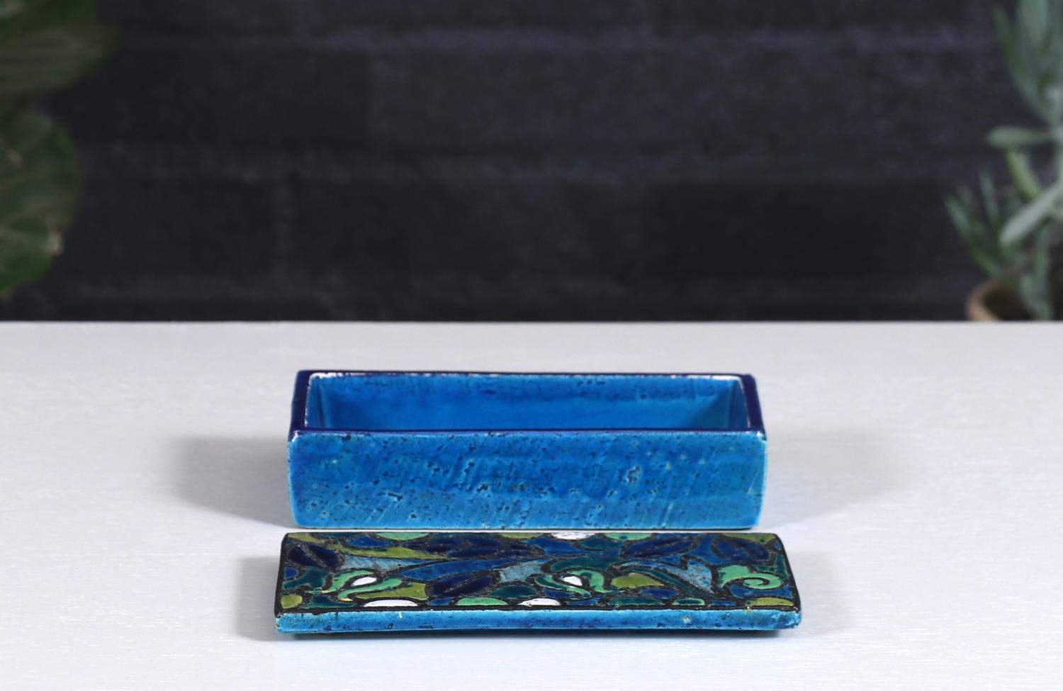 Italian Aldo Londi Blue Glazed Ceramic Floral Lidded Box