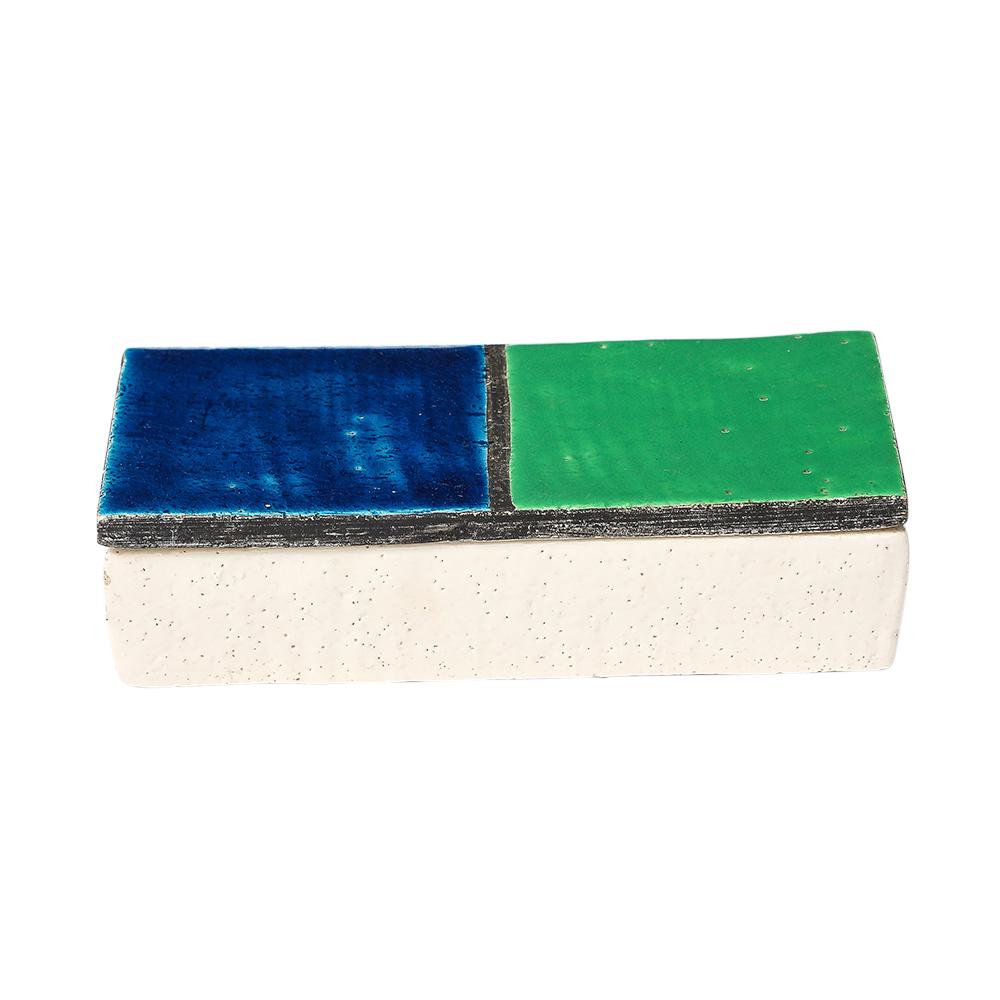 Aldo Londi Box, Mondrian, Ceramic, Blue, Green, Signed, Rosenthal Netter. Small scale lidded box glazed in Navy blue and Kelly green and outlined in matte black. The bottom is glazed in white and retains the original decal, which reads: Crafted in