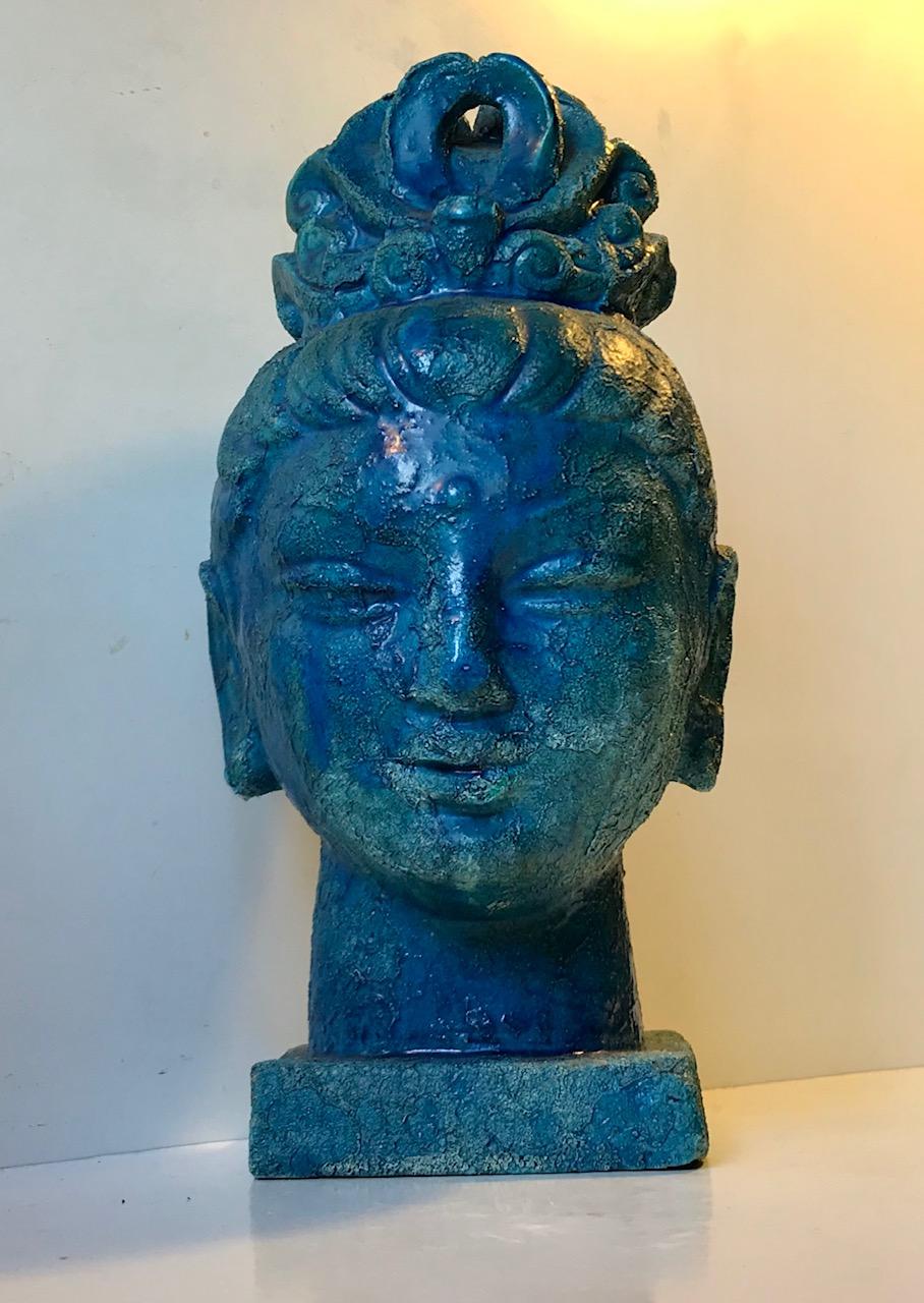 Aldo Londi Buddha Bust of Guanyin in Blue Cinese Glaze, Bitossi, 1960s For Sale 1