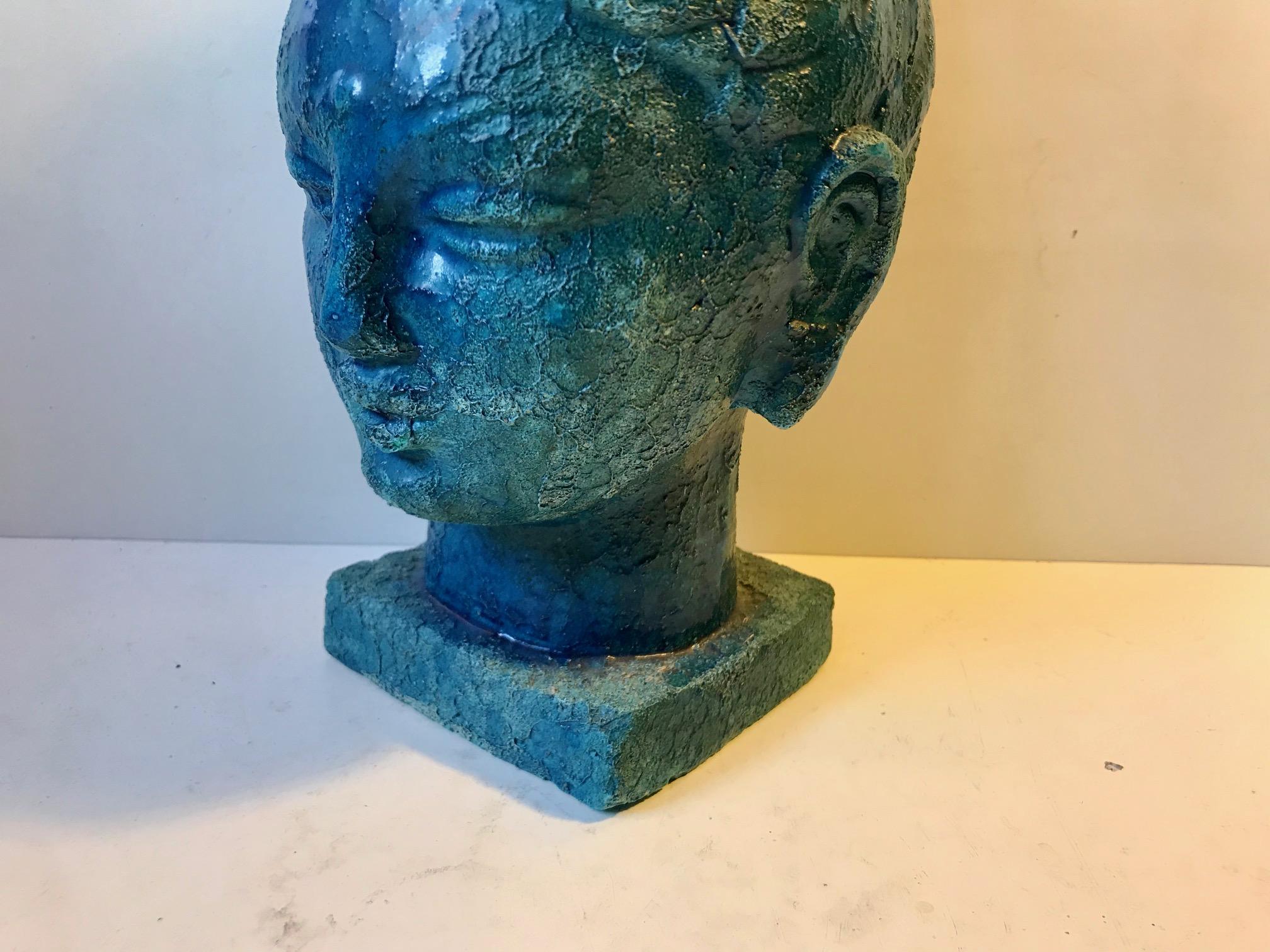 Aldo Londi Buddha Bust of Guanyin in Blue Cinese Glaze, Bitossi, 1960s For Sale 3