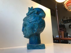 Aldo Londi Buddha Bust of Guanyin in Blue Cinese Glaze, Bitossi, 1960s