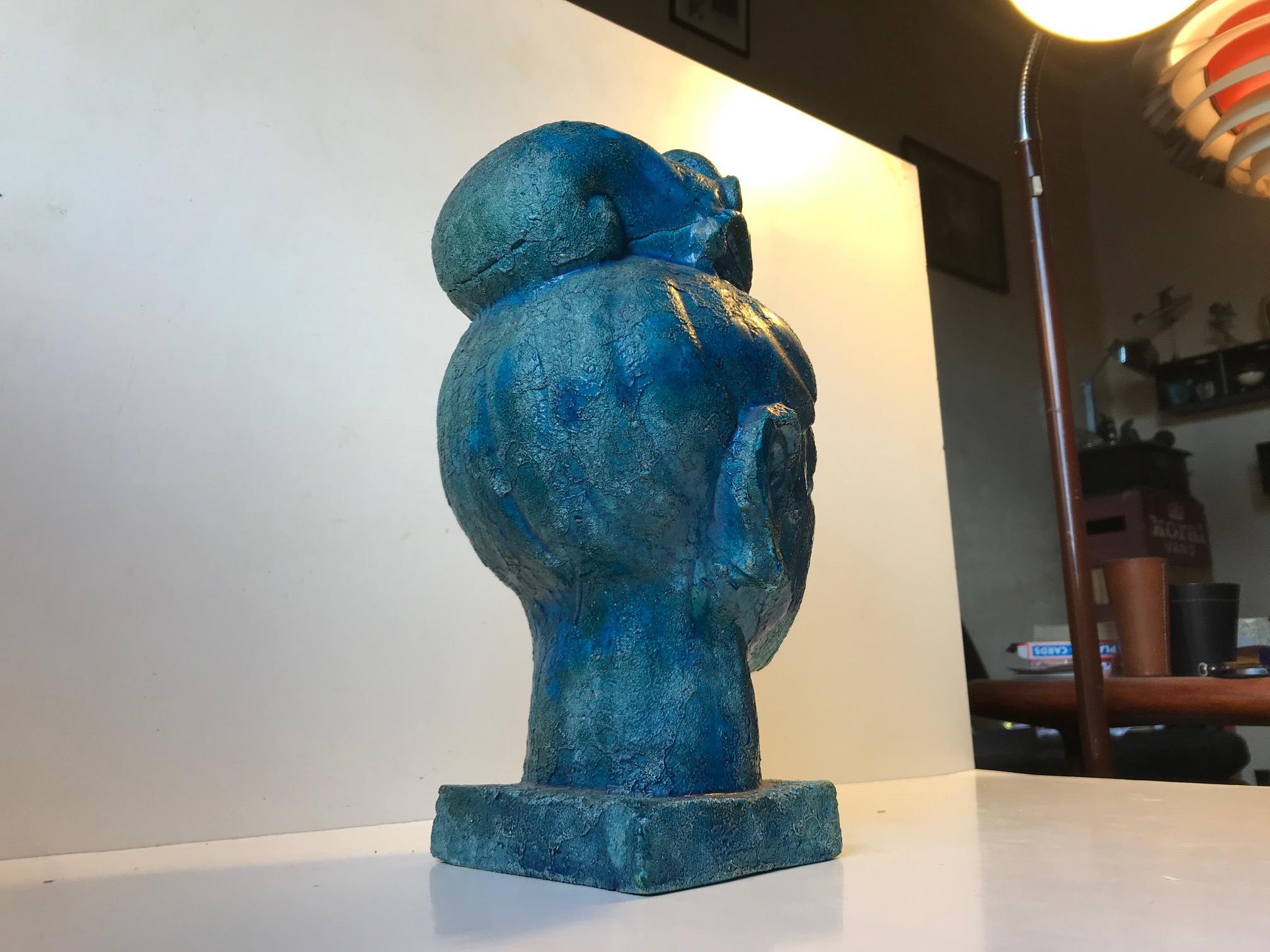 Mid-Century Modern Aldo Londi Buddha Bust of Guanyin in Blue Cinese Glaze, Bitossi, 1960s