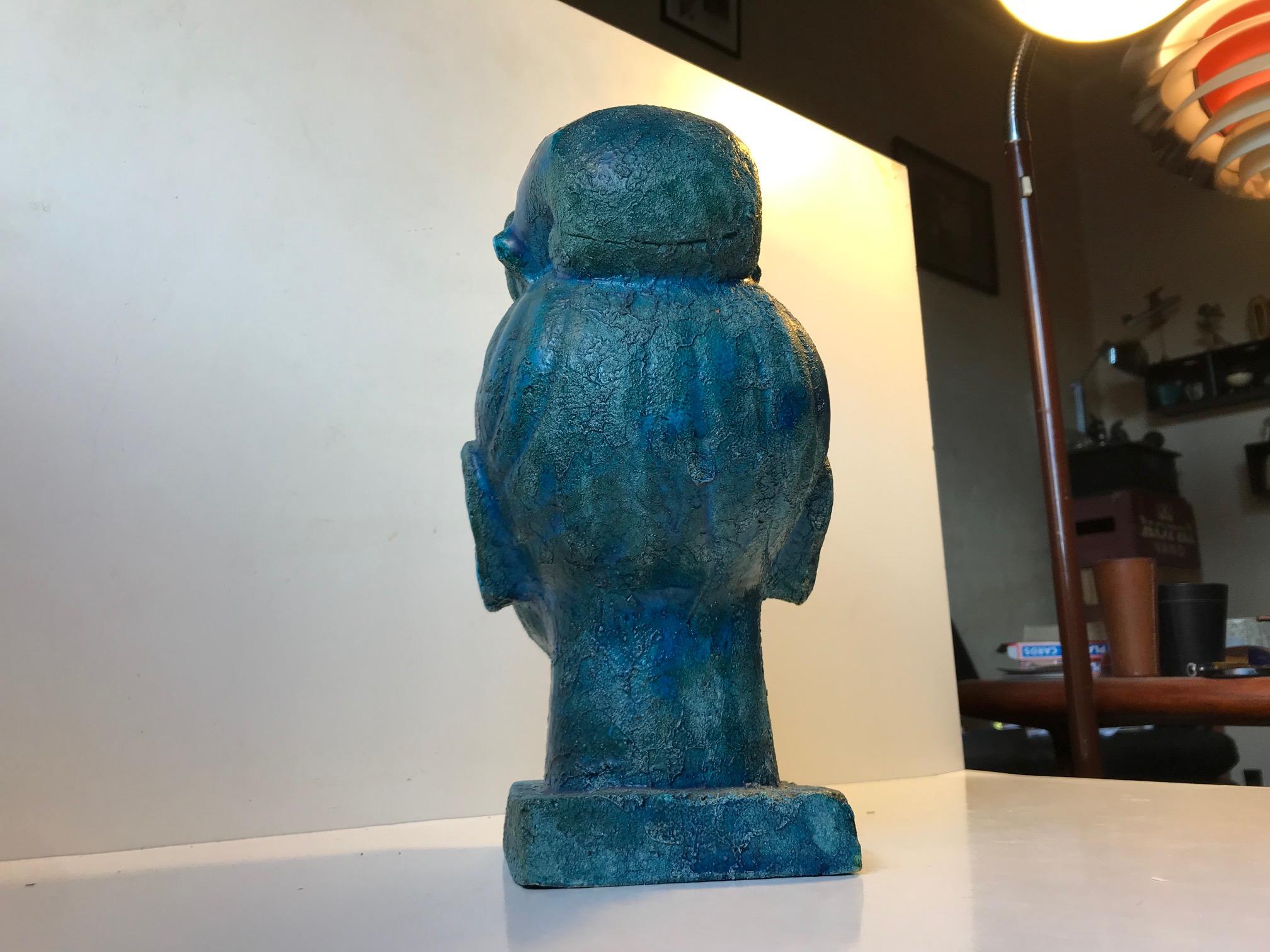 Italian Aldo Londi Buddha Bust of Guanyin in Blue Cinese Glaze, Bitossi, 1960s For Sale