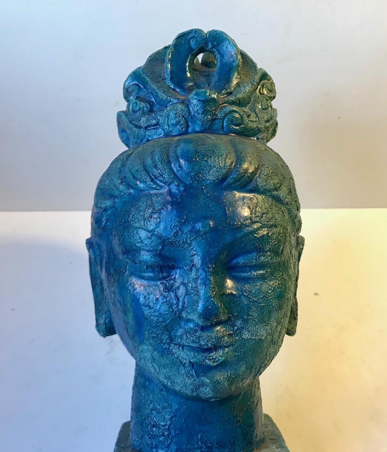 Glazed Aldo Londi Buddha Bust of Guanyin in Blue Cinese Glaze, Bitossi, 1960s For Sale