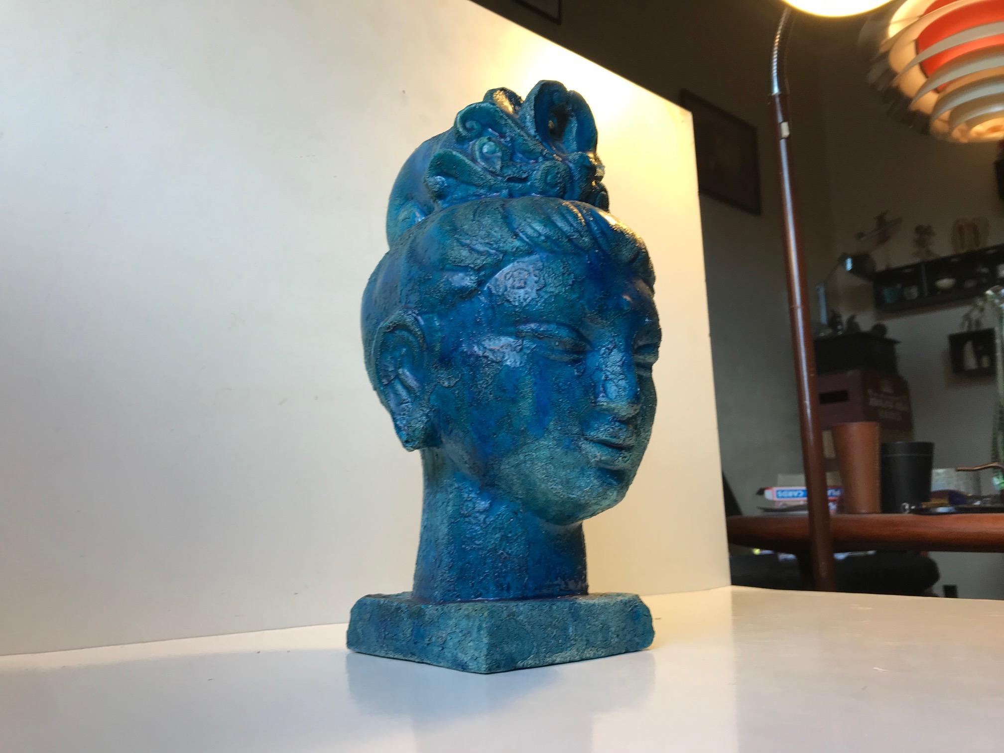 Stoneware Aldo Londi Buddha Bust of Guanyin in Blue Cinese Glaze, Bitossi, 1960s For Sale