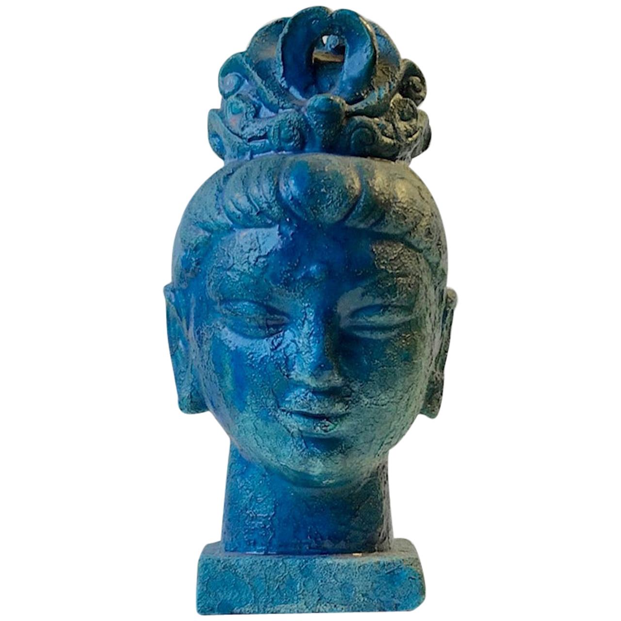 Aldo Londi Buddha Bust of Guanyin in Blue Cinese Glaze, Bitossi, 1960s For Sale