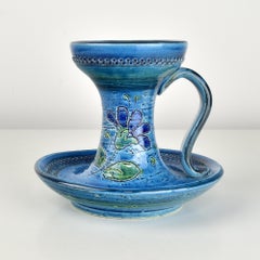 Aldo Londi Ceramic Candlestick Blue Glazed Bitossi Mid 20th Century Rimini Blu