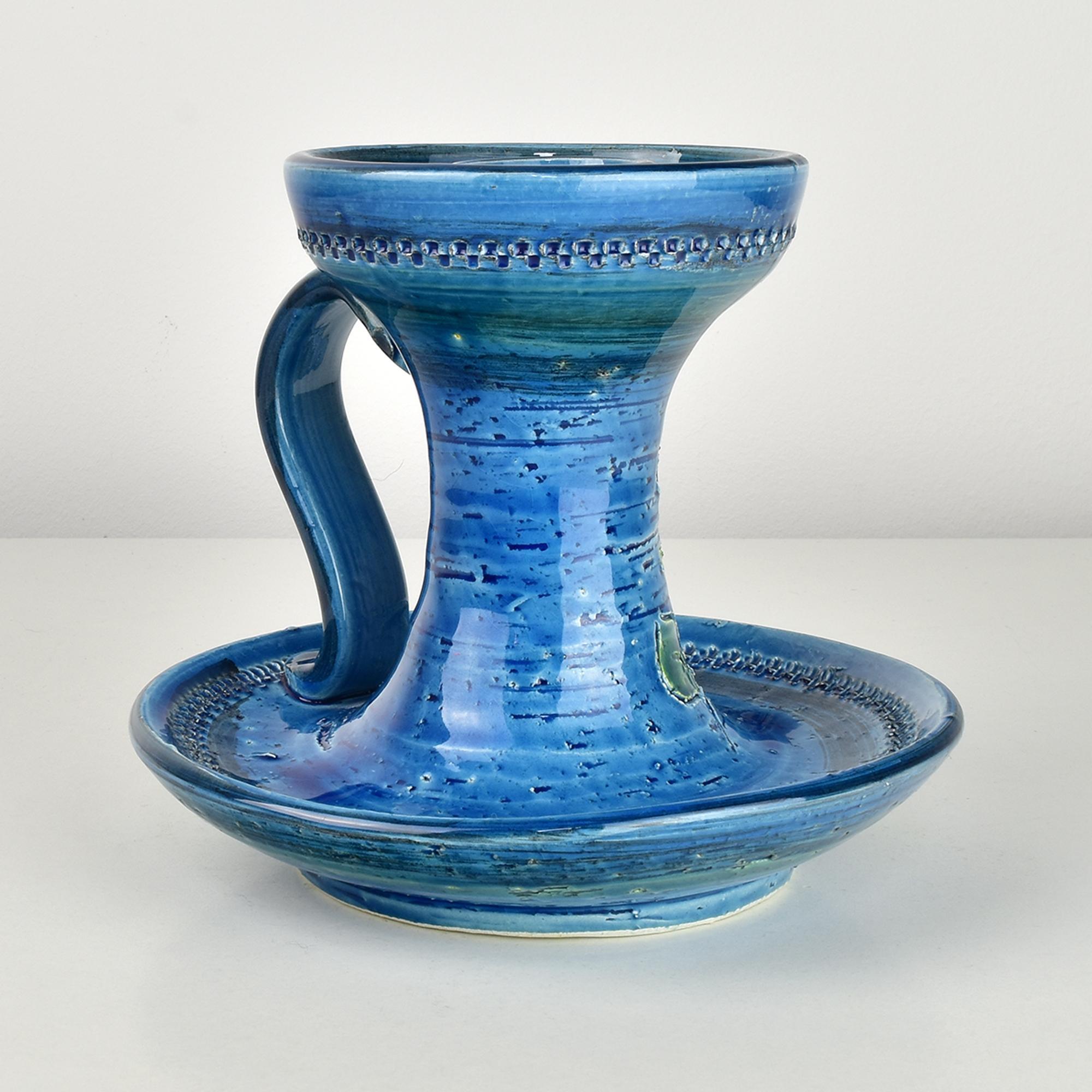 Italiano Aldo Londi Candeliere in ceramica smaltata blu Bitossi metà del XX secolo Rimini Blu in vendita
