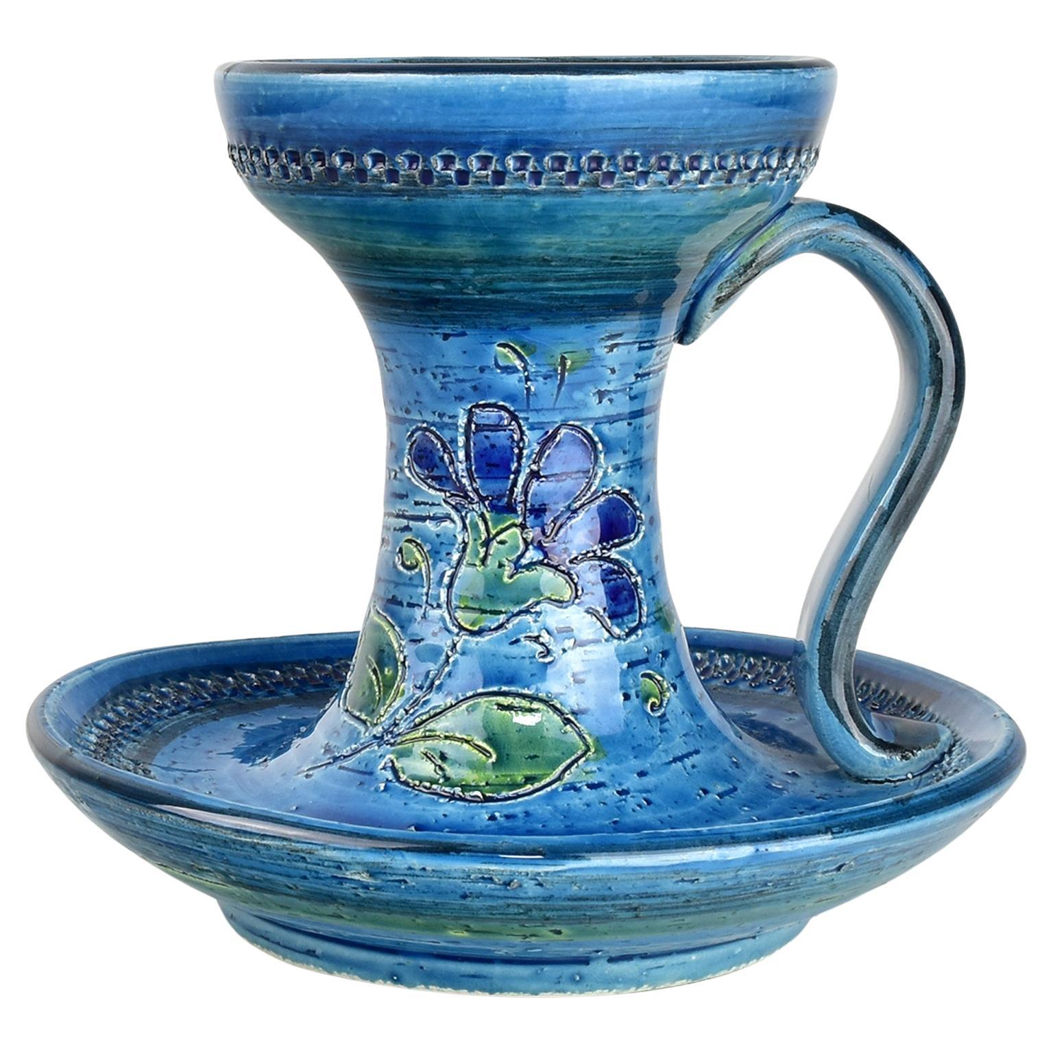 Aldo Londi Ceramic Candlestick Blue Glazed Bitossi Mid 20th Century Rimini Blu