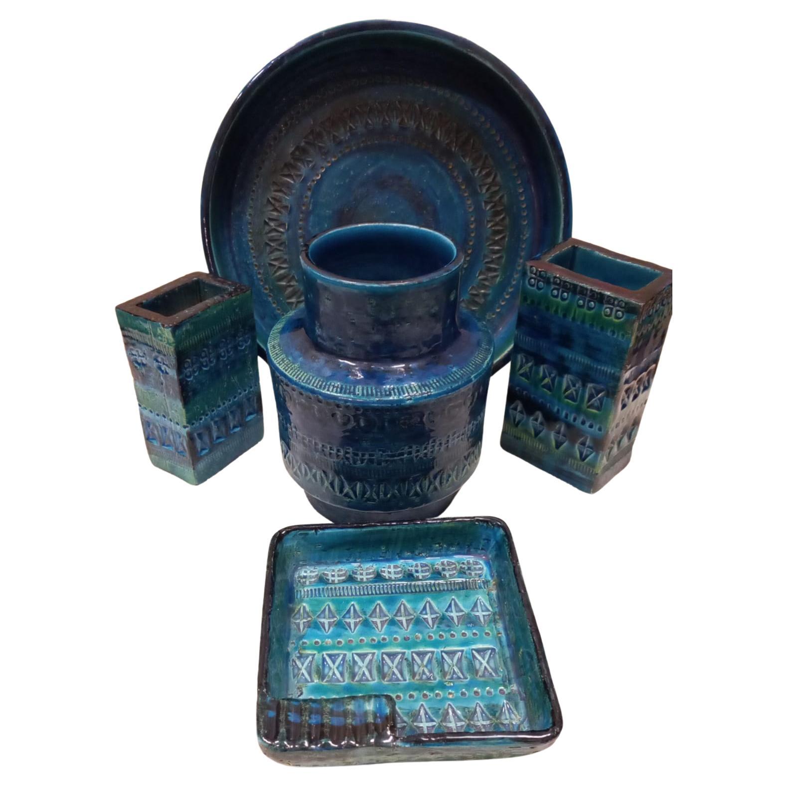 Rundes Keramik-Set von Aldo Londi, blau glasiert, Bitossi, Mitte des 20. Jahrhunderts (Sonstiges) im Angebot
