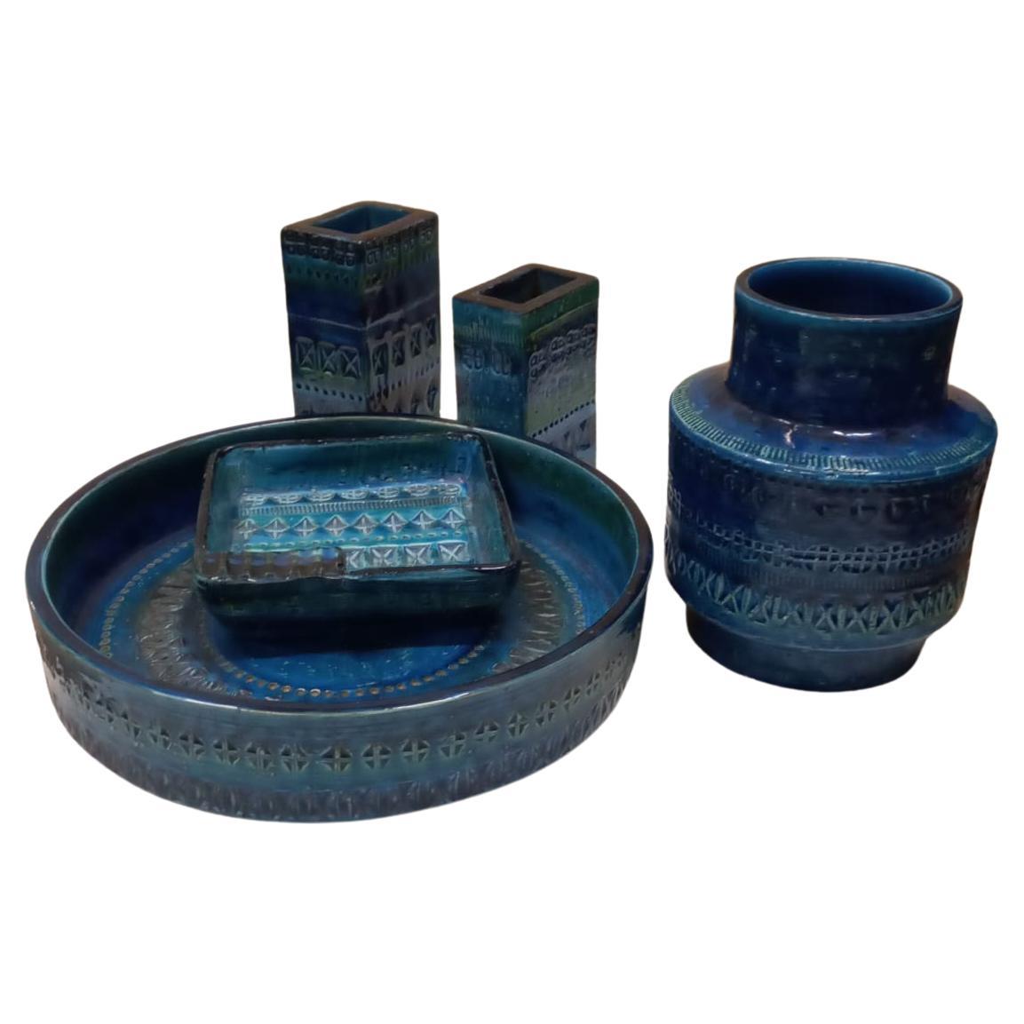 Rundes Keramik-Set von Aldo Londi, blau glasiert, Bitossi, Mitte des 20. Jahrhunderts im Zustand „Gut“ im Angebot in Vienna, AT