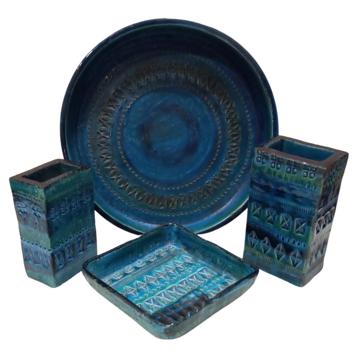 Rundes Keramik-Set von Aldo Londi, blau glasiert, Bitossi, Mitte des 20. Jahrhunderts im Angebot 1
