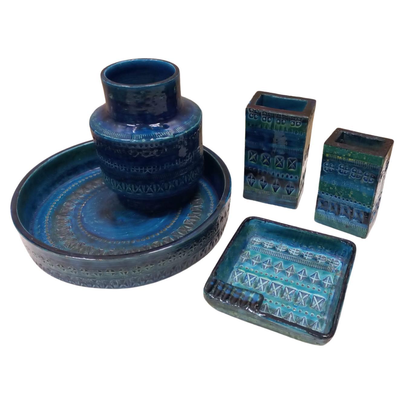 Rundes Keramik-Set von Aldo Londi, blau glasiert, Bitossi, Mitte des 20. Jahrhunderts