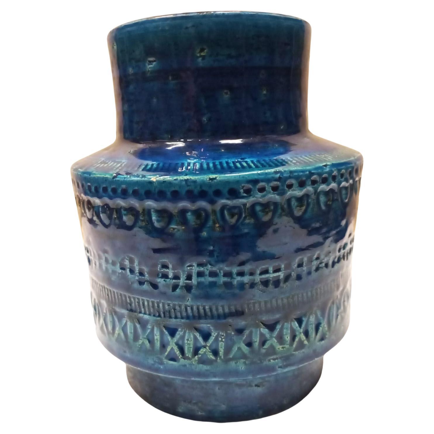 Aldo londi circular ceramic Vase, blue glazed, Bitossi, mid 20th century, good condition.