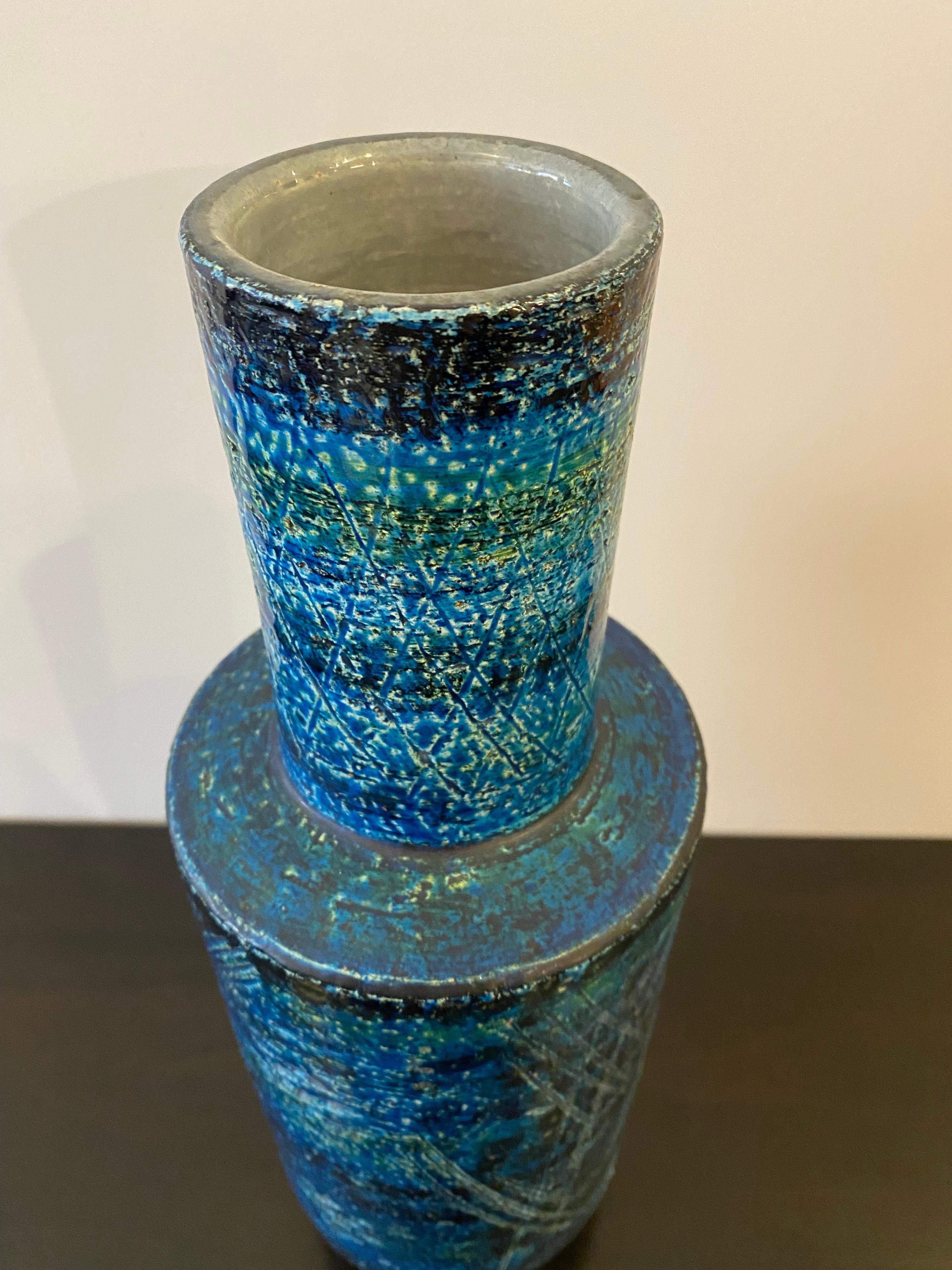 Mid-Century Modern Aldo Londi for Bitossi Tall Ceramic Vase in Rimini Blu For Sale