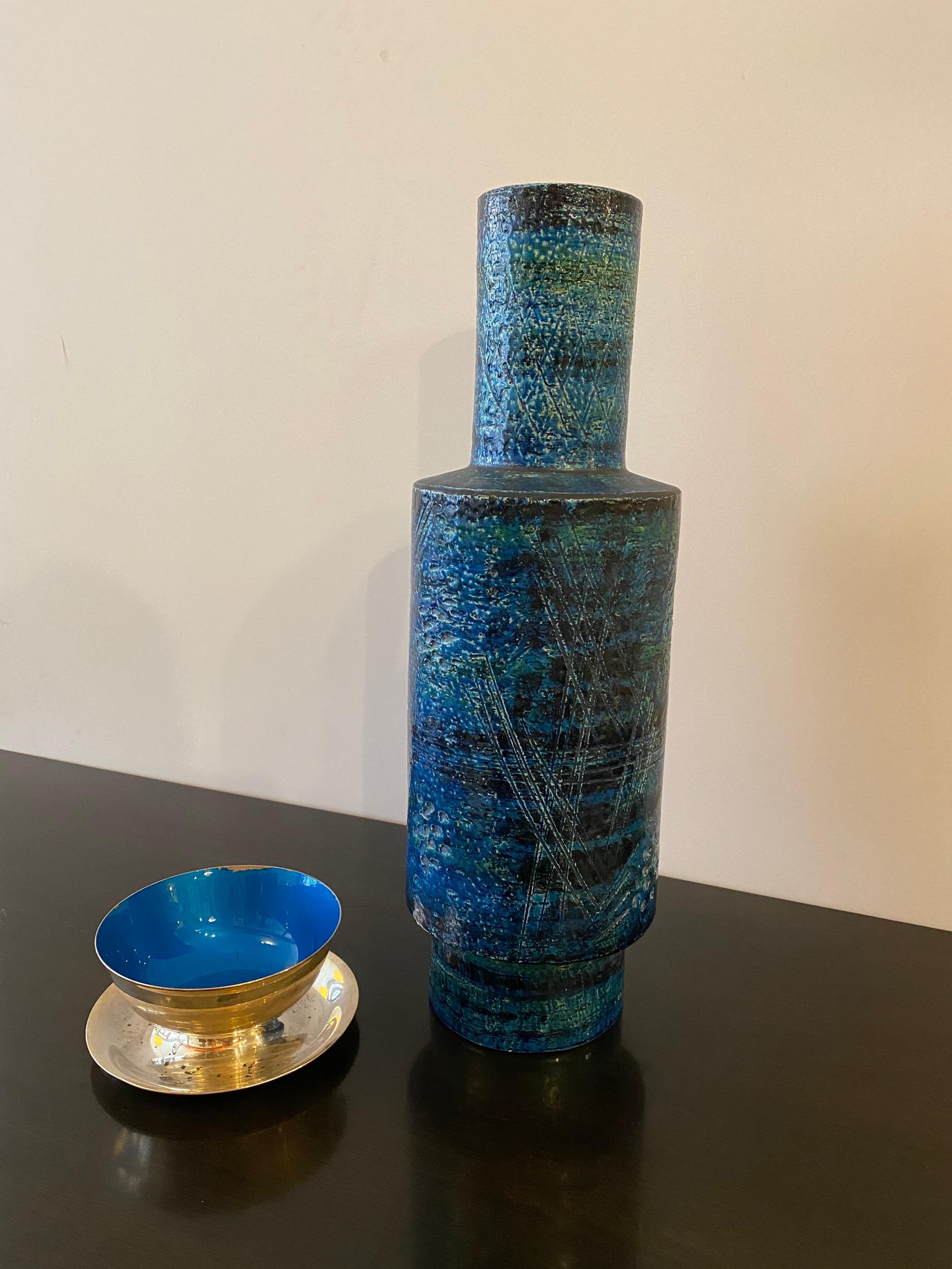 Italian Aldo Londi for Bitossi Tall Ceramic Vase in Rimini Blu For Sale
