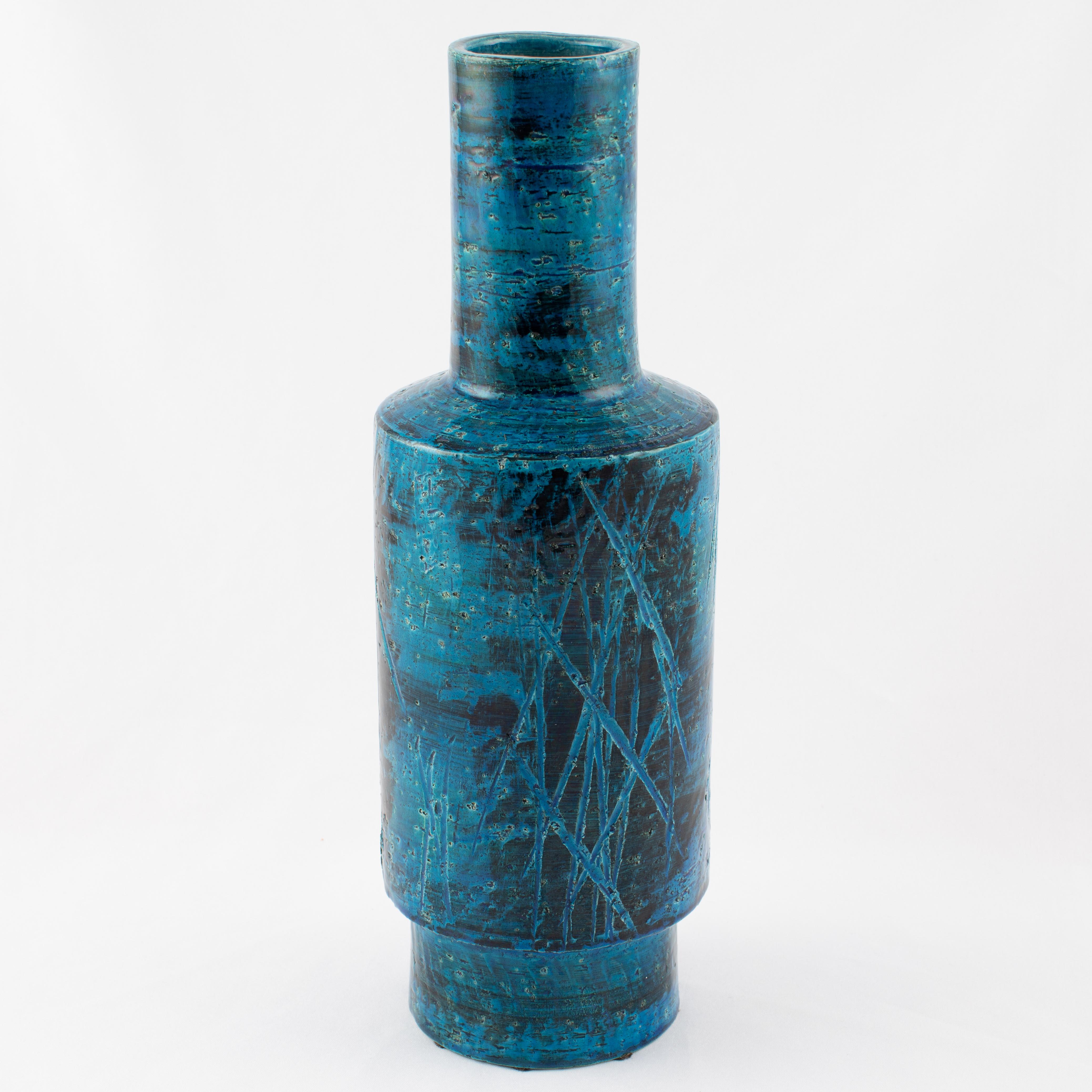 Large blue and black cylindrical ceramic vase from Aldo Londi's iconic 