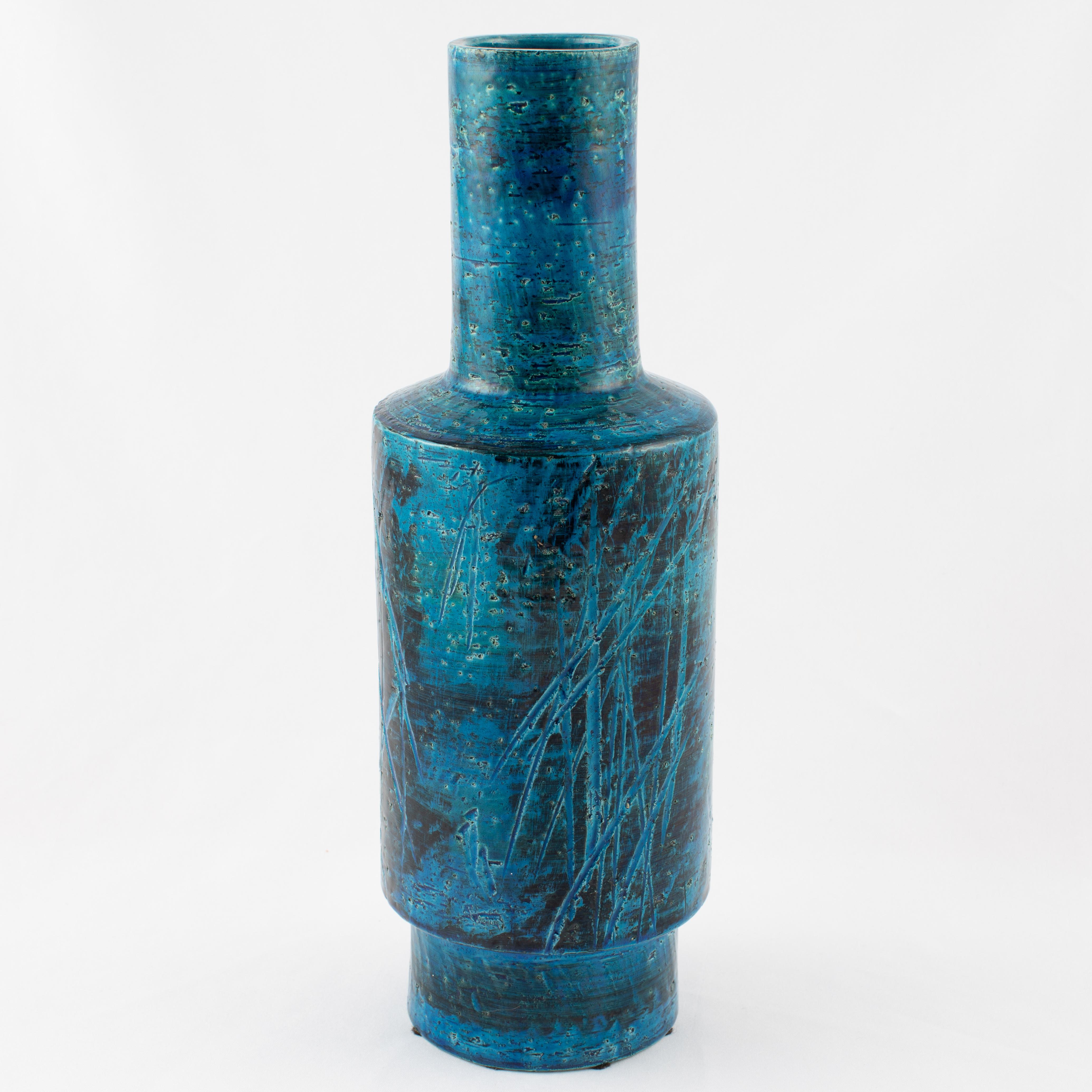 Italian Aldo Londi for Bitossi Blue and Black Cylindrical Vase, circa 1960s For Sale