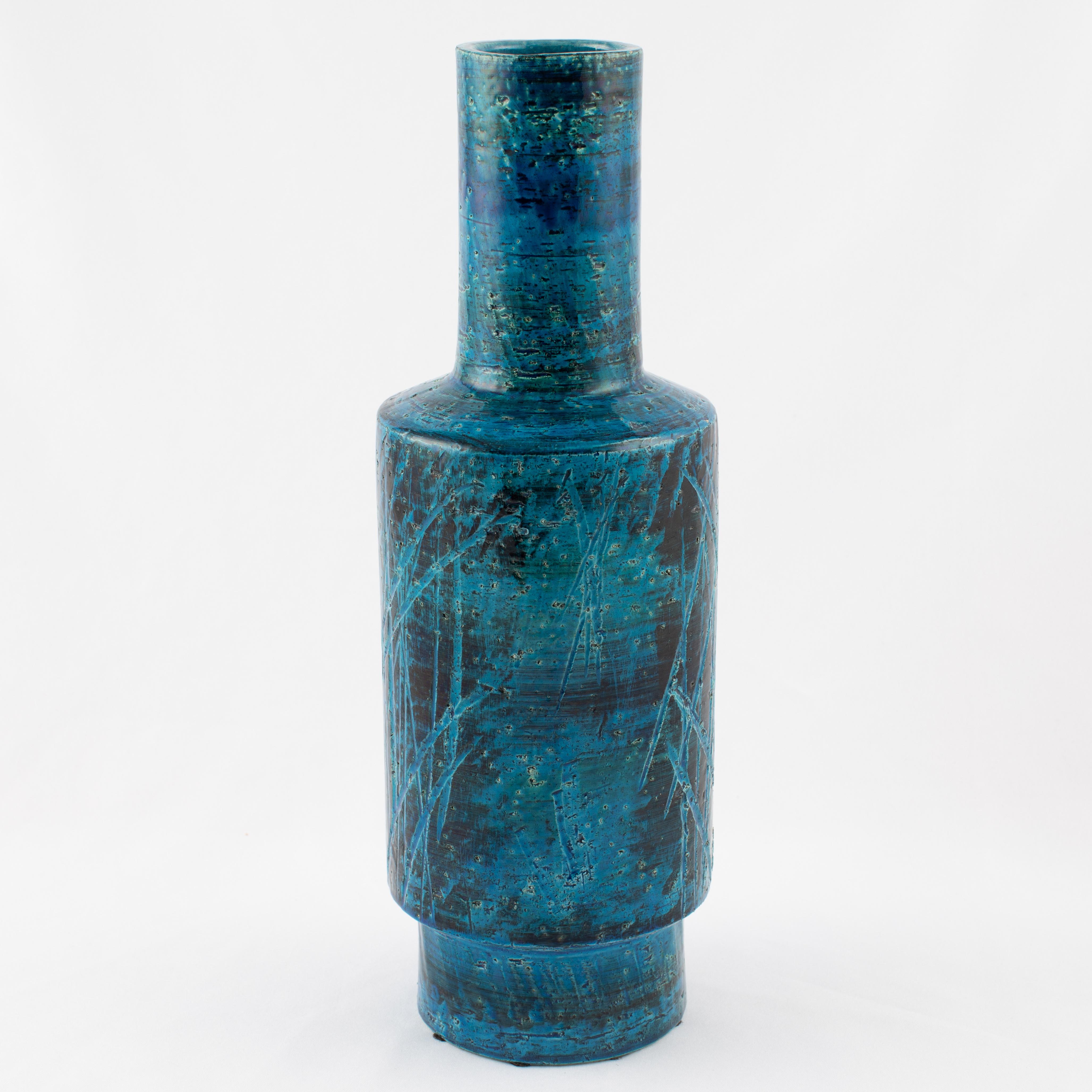 Glazed Aldo Londi for Bitossi Blue and Black Cylindrical Vase, circa 1960s For Sale