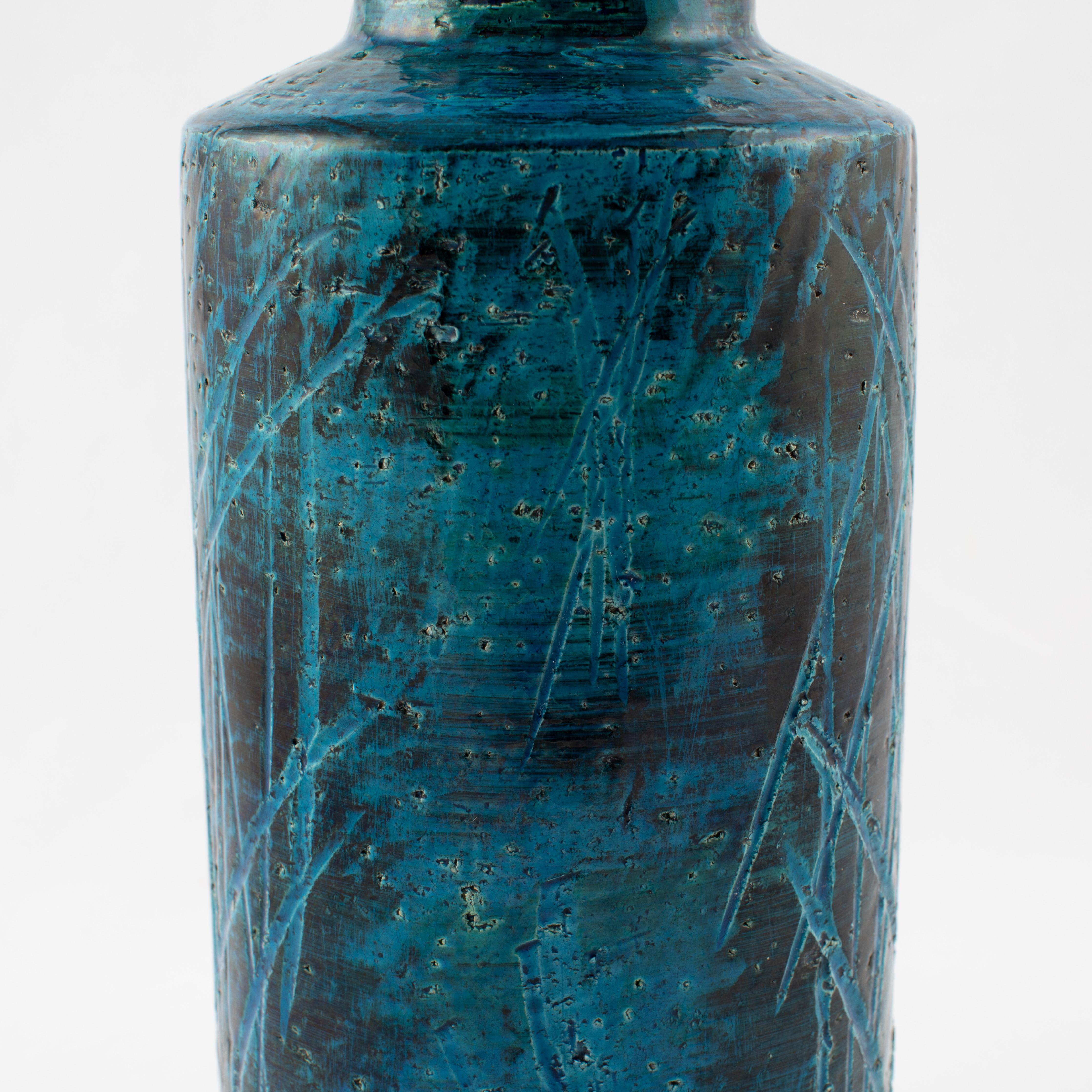 Ceramic Aldo Londi for Bitossi Blue and Black Cylindrical Vase, circa 1960s For Sale