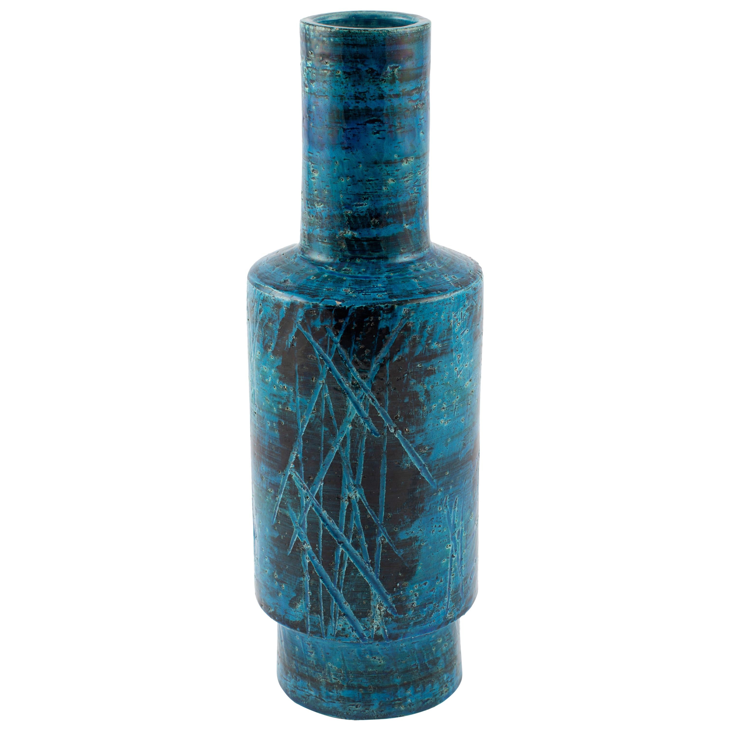 Aldo Londi for Bitossi Blue and Black Cylindrical Vase, circa 1960s For Sale