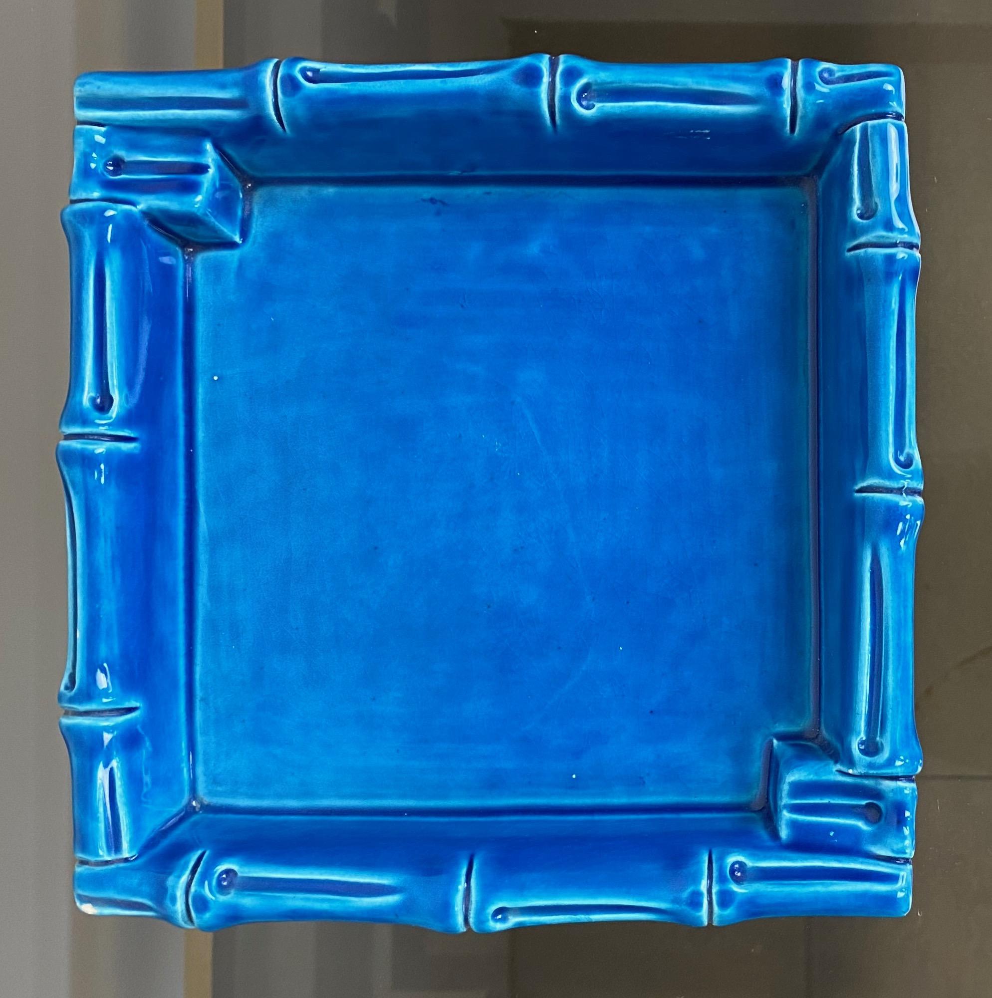Italian Aldo Londi for Bitossi Blue Ceramic Ashtray Faux Bamboo, Italy, 1970s