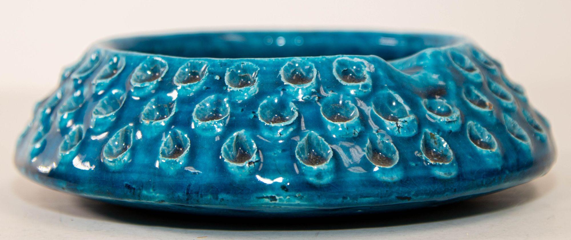 Hand-Carved Aldo Londi for Bitossi Remini Blue Ceramic Ashtray Handcrafted in Italy For Sale