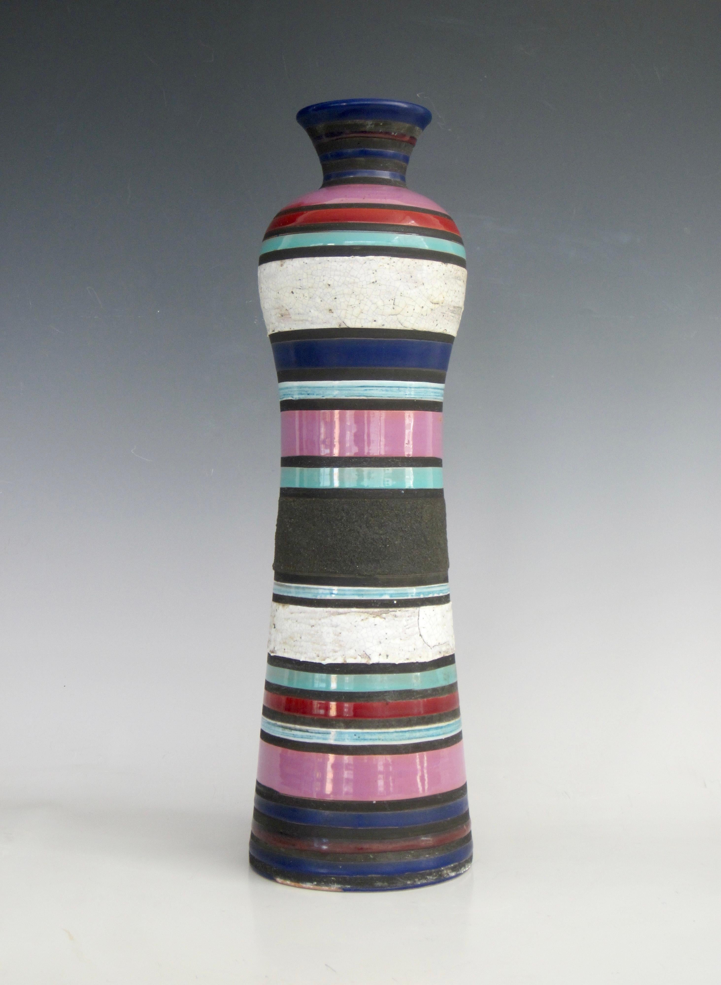 Aldo Londi for Bitossi Cambogia Series cylindrical vase with alternating horizontal stripes of various glazes and textures from the 1950s. The last photo shows it paired with a lidded jarl from the same Cambogia Series that is available in my