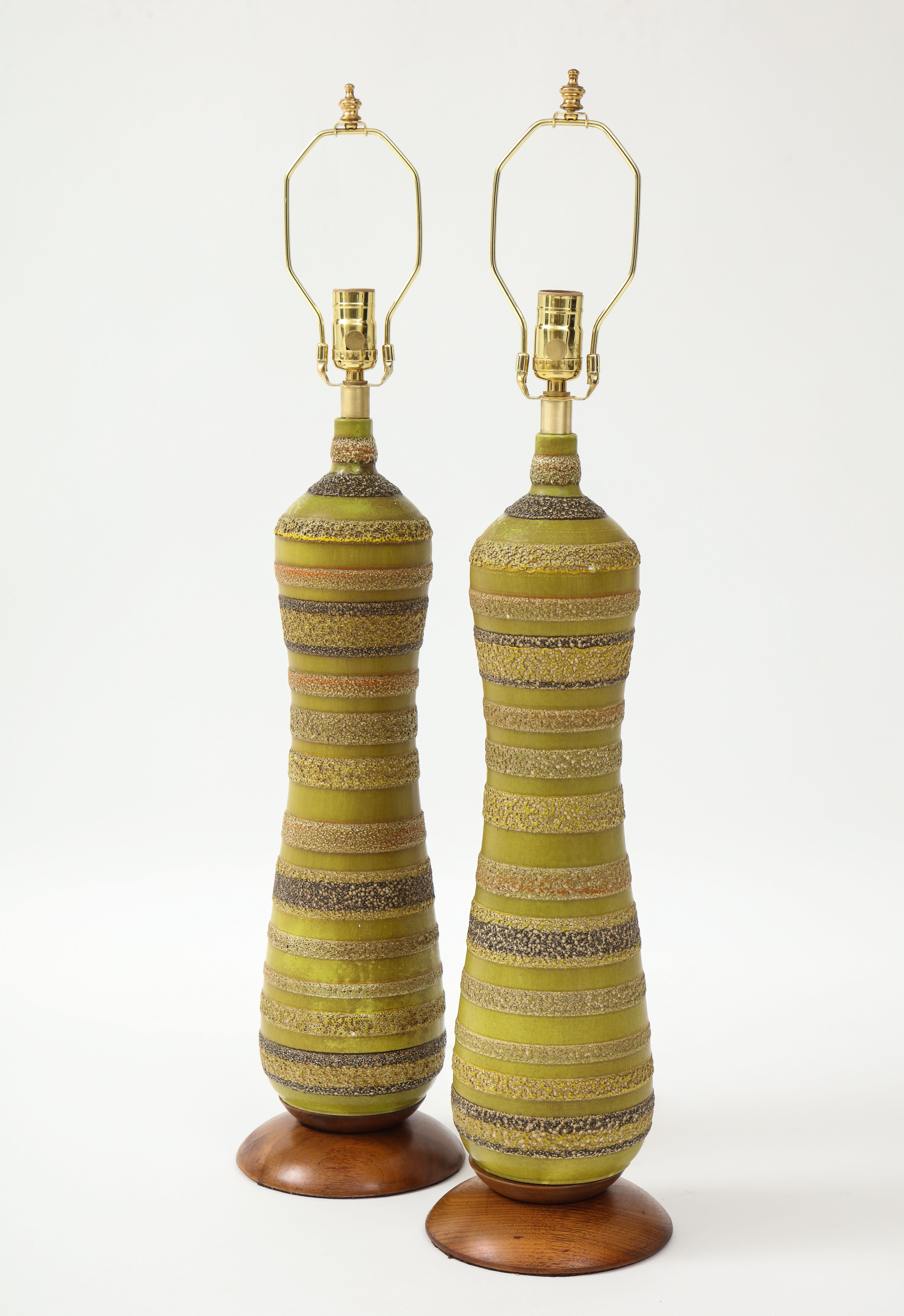 Italian Aldo Londi for Bitossi Ceramic and Walnut Table Lamps