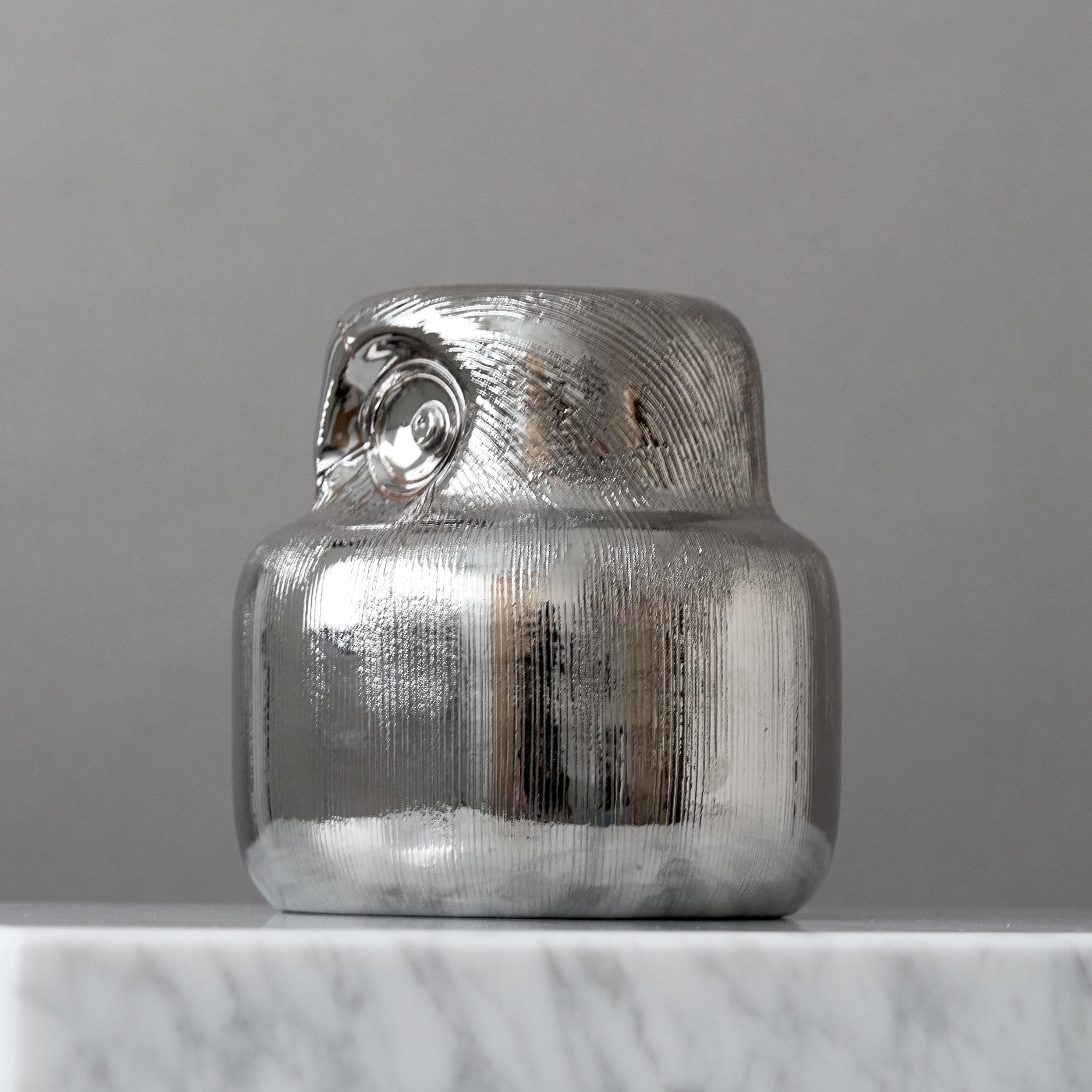 Tornito Aldo Londi per Bitossi Scultura di gufo in ceramica di metà secolo in argento, Italia, anni '60. in vendita