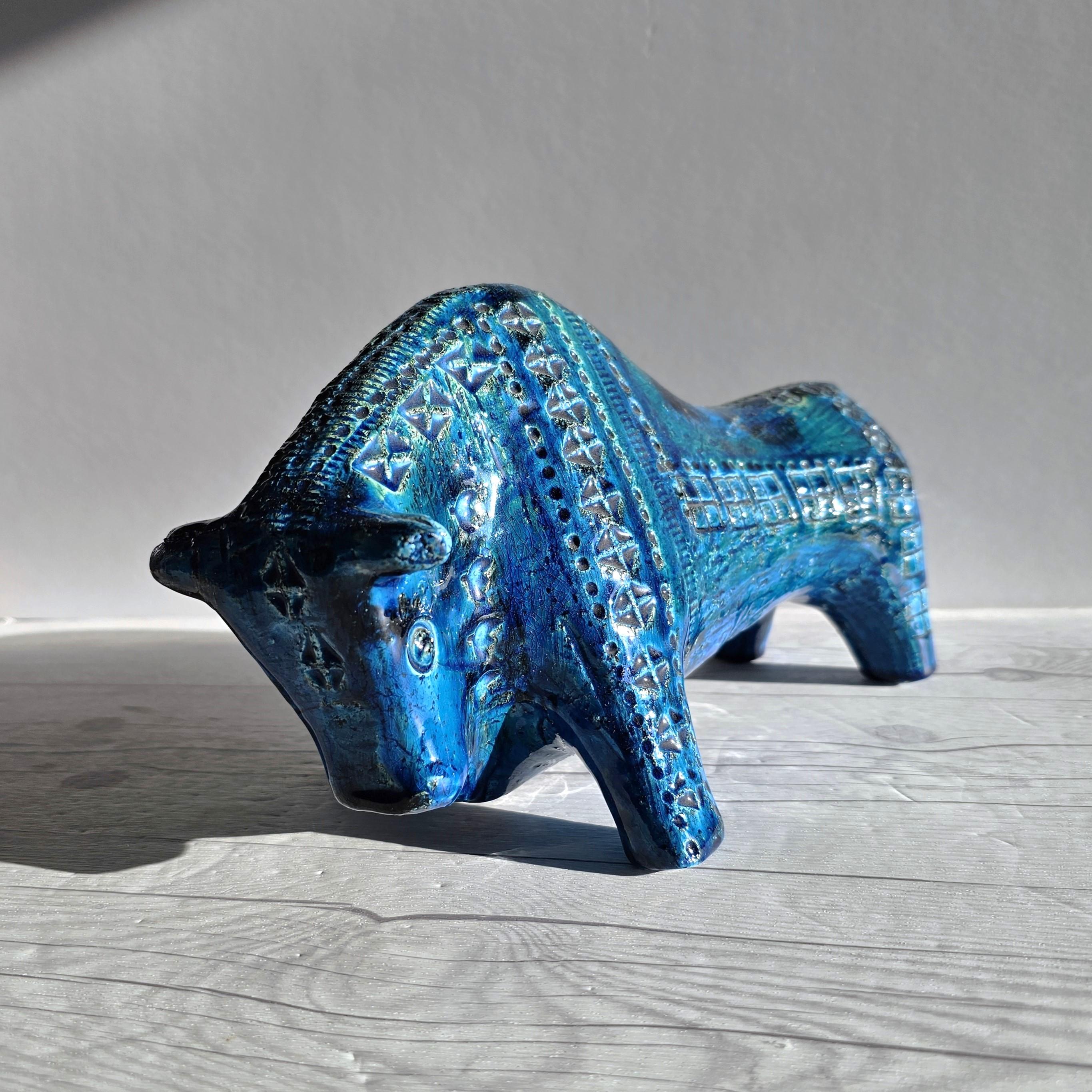 Mid-Century Modern Aldo Londi for Bitossi Ceramiche Rimini Blu Series, Modernist Bull Sculpture For Sale