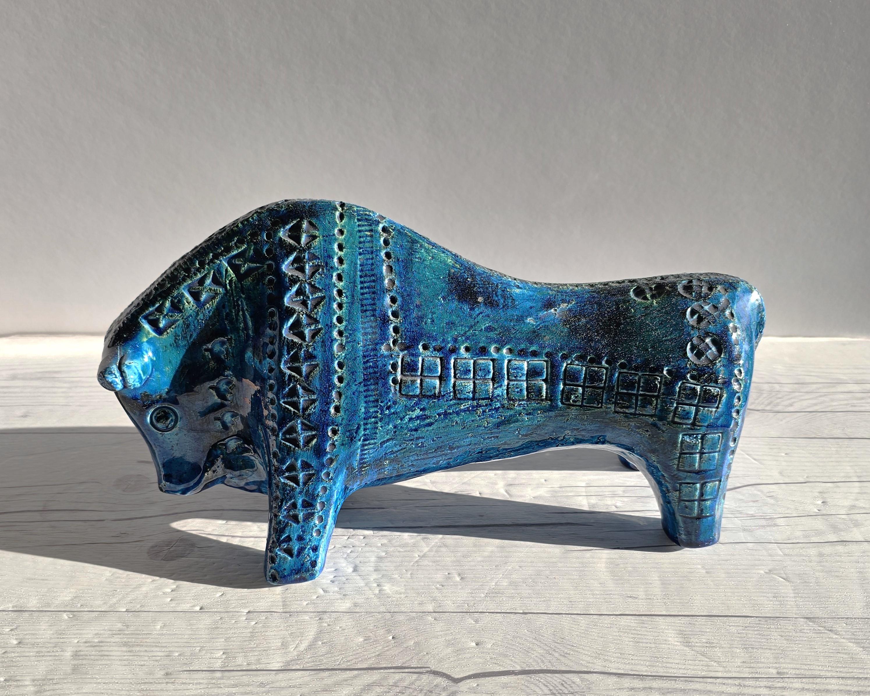Italian Aldo Londi for Bitossi Ceramiche Rimini Blu Series, Modernist Bull Sculpture For Sale