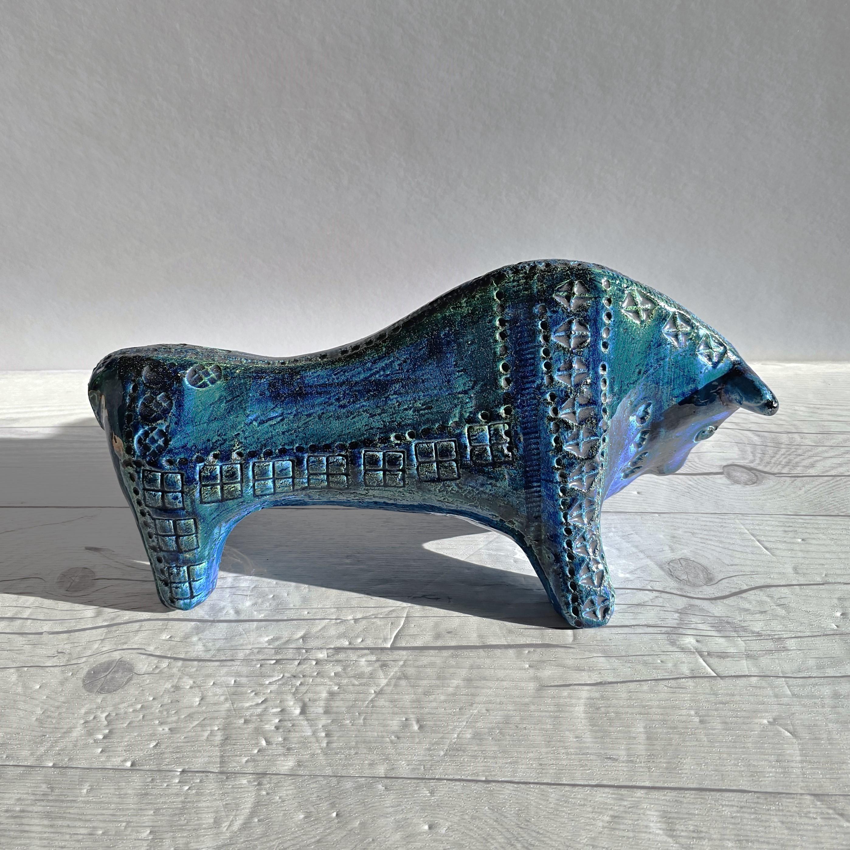 Glazed Aldo Londi for Bitossi Ceramiche Rimini Blu Series, Modernist Bull Sculpture For Sale