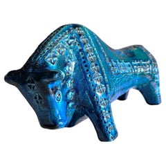 Vintage Aldo Londi for Bitossi Ceramiche Rimini Blu Series, Modernist Bull Sculpture