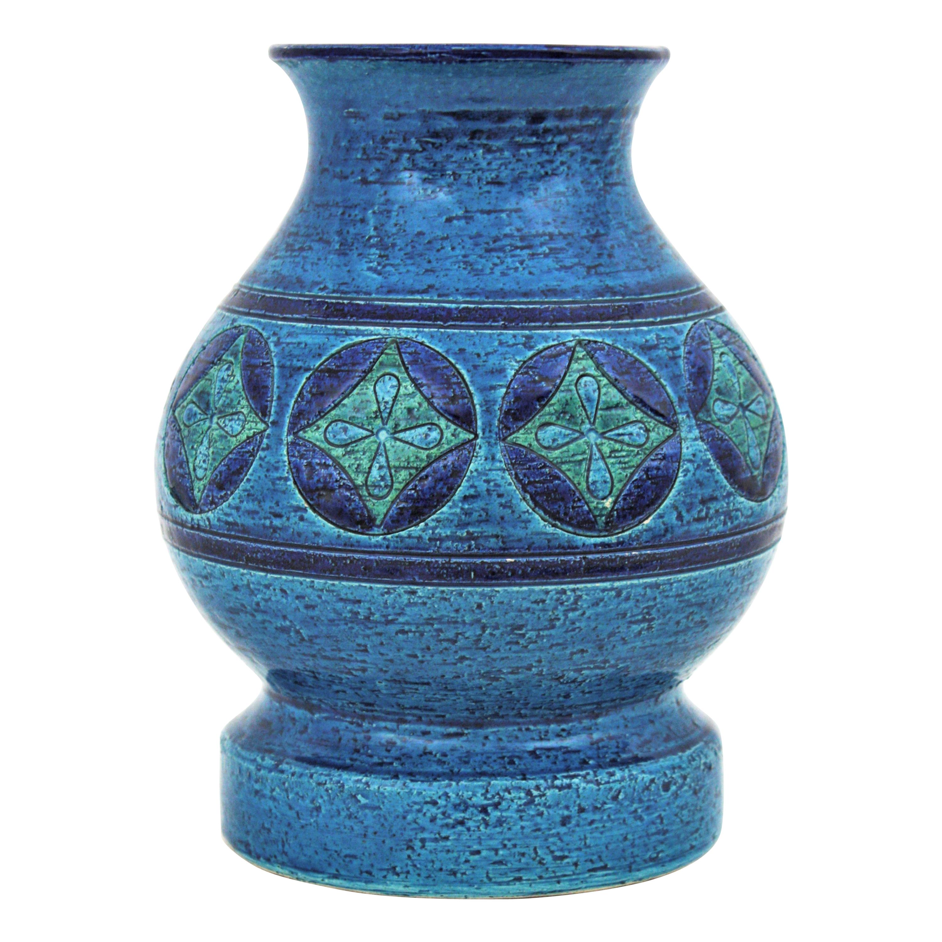 Bitossi Aldo Londi Rimini Blue Ceramic Vase, Circles and Rhombus Design