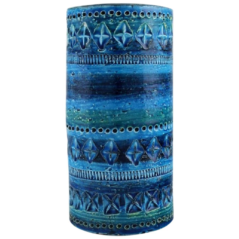 Aldo Londi for Bitossi, Cylindrical Vase in Rimini Blue Glazed Ceramics, 1960s
