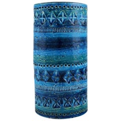 Aldo Londi for Bitossi, Cylindrical Vase in Rimini Blue Glazed Ceramics, 1960s