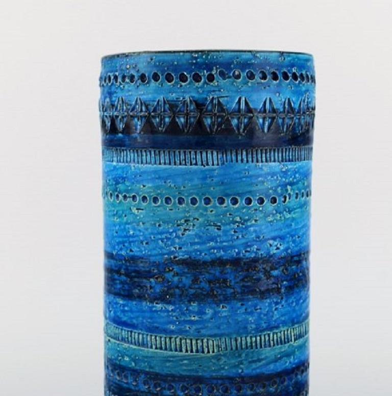 Mid-Century Modern Aldo Londi for Bitossi, Cylindrical Vase in Rimini Blue-Glazed Ceramics